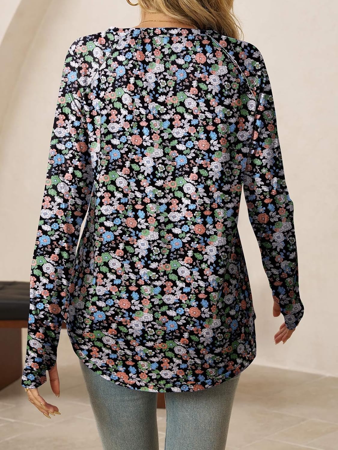 Yousify Womens Long Sleeve Shirts Casual Crew Neck Tunic Top Loose Fit Curved Hem Printed Fall Shirts with Thumb Holes - Image 5