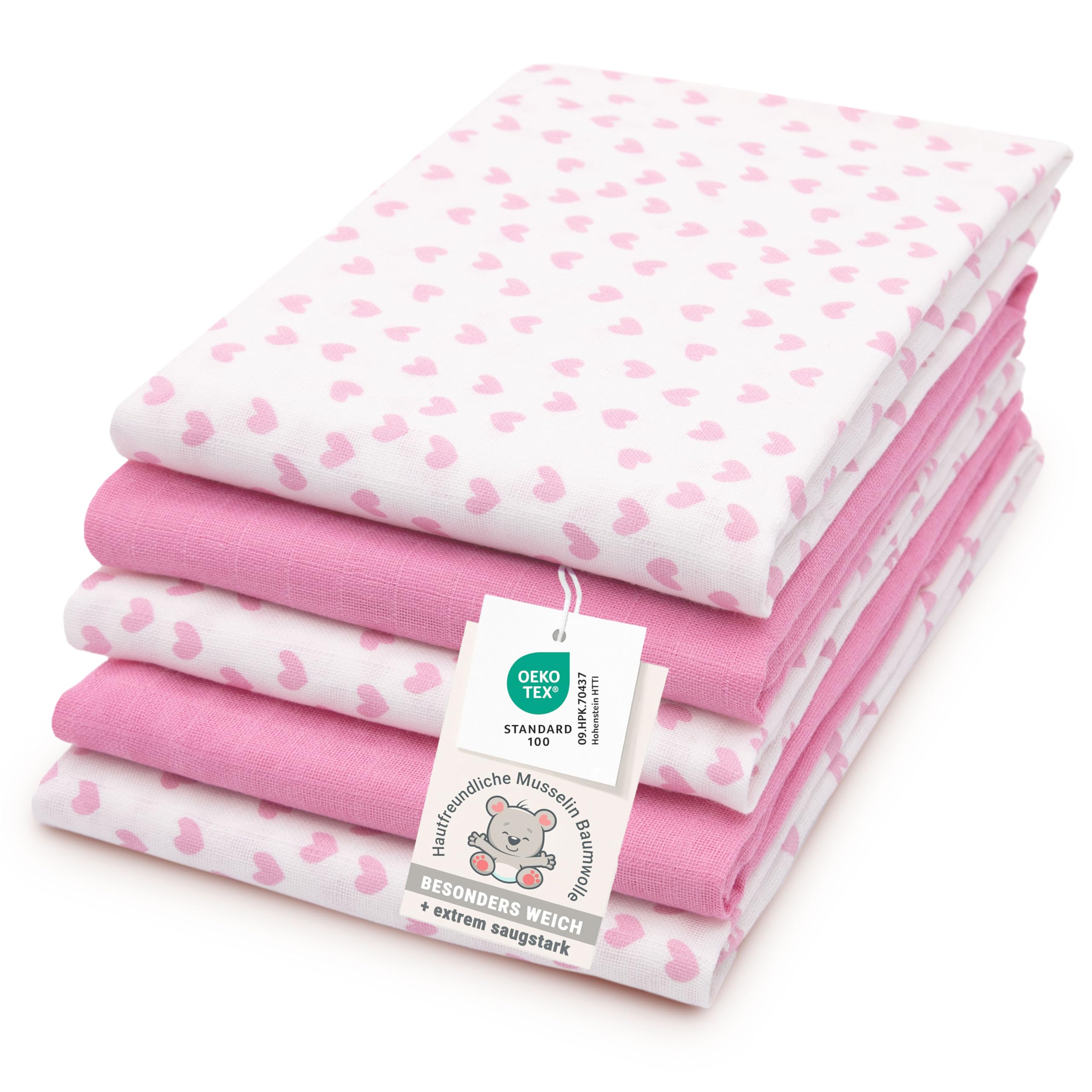 ZOLLNER 5er Set Musselin Spucktücher in 80x80 cm aus Baumwolle - weiche und hautfreundliche Mulltücher in weiß und rosa - mit Geschenkbox - waschbar bis 60°C - Oeko Tex® Zertifiziert