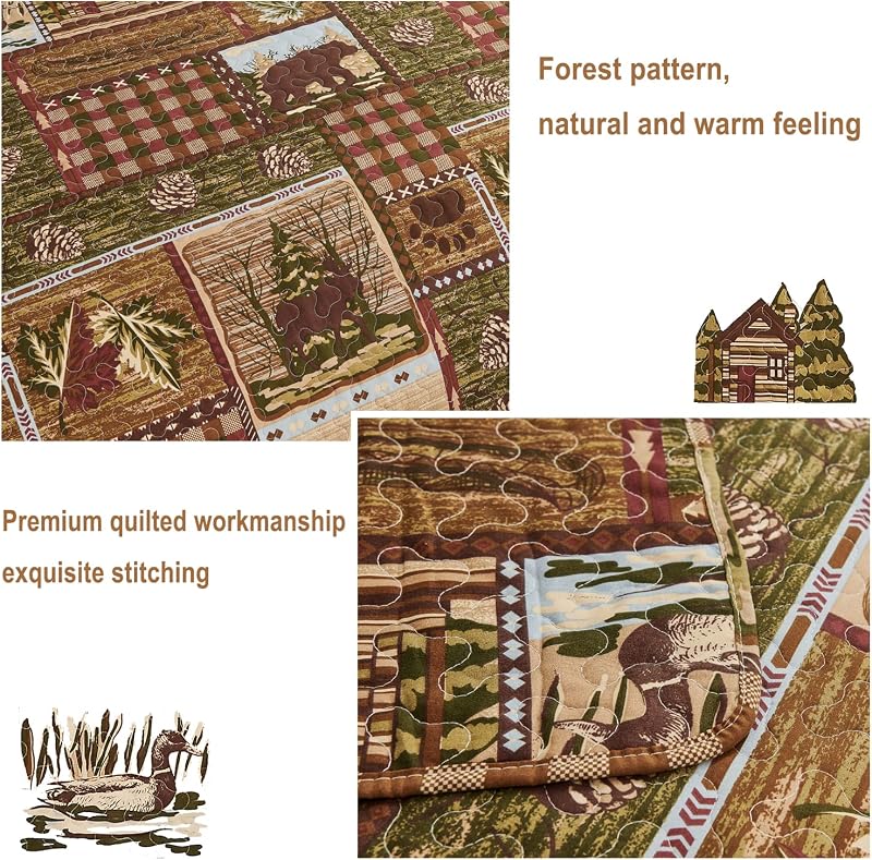 Lodge Bedspread Twin Size, Rustic Cabin Quilt Sets Moose Bear Bedspread Coverlet Patchwork Plaid Bedcover Reversible Wildlife Printed Quilted Bed Set Brown Bed Cover Farmhouse Country Decor (68"x 86") image 5