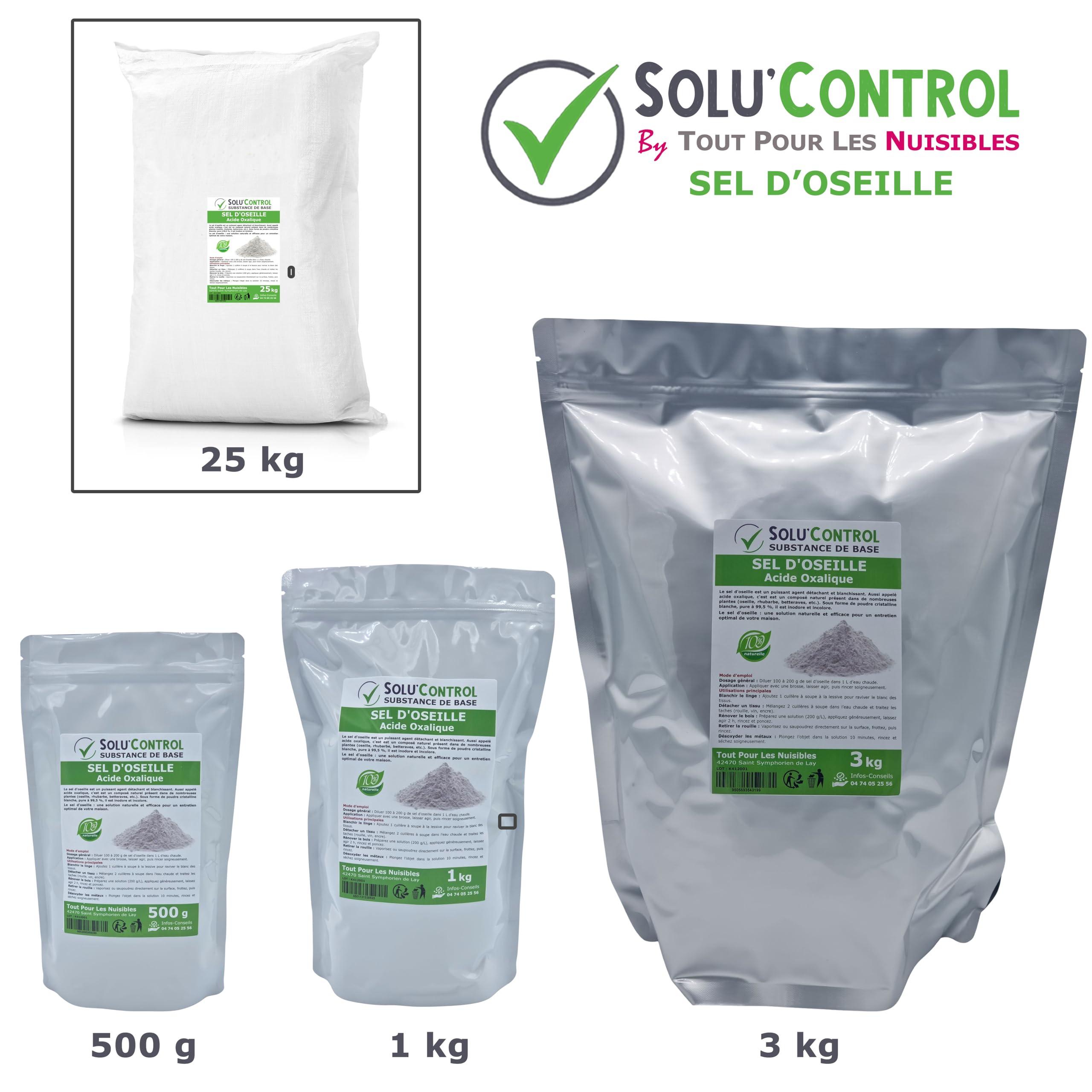 Sel d’Oseille 3 kg - Acide Oxalique 100% Naturel - Blanchir, Détacher, Rénover et Désoxyder