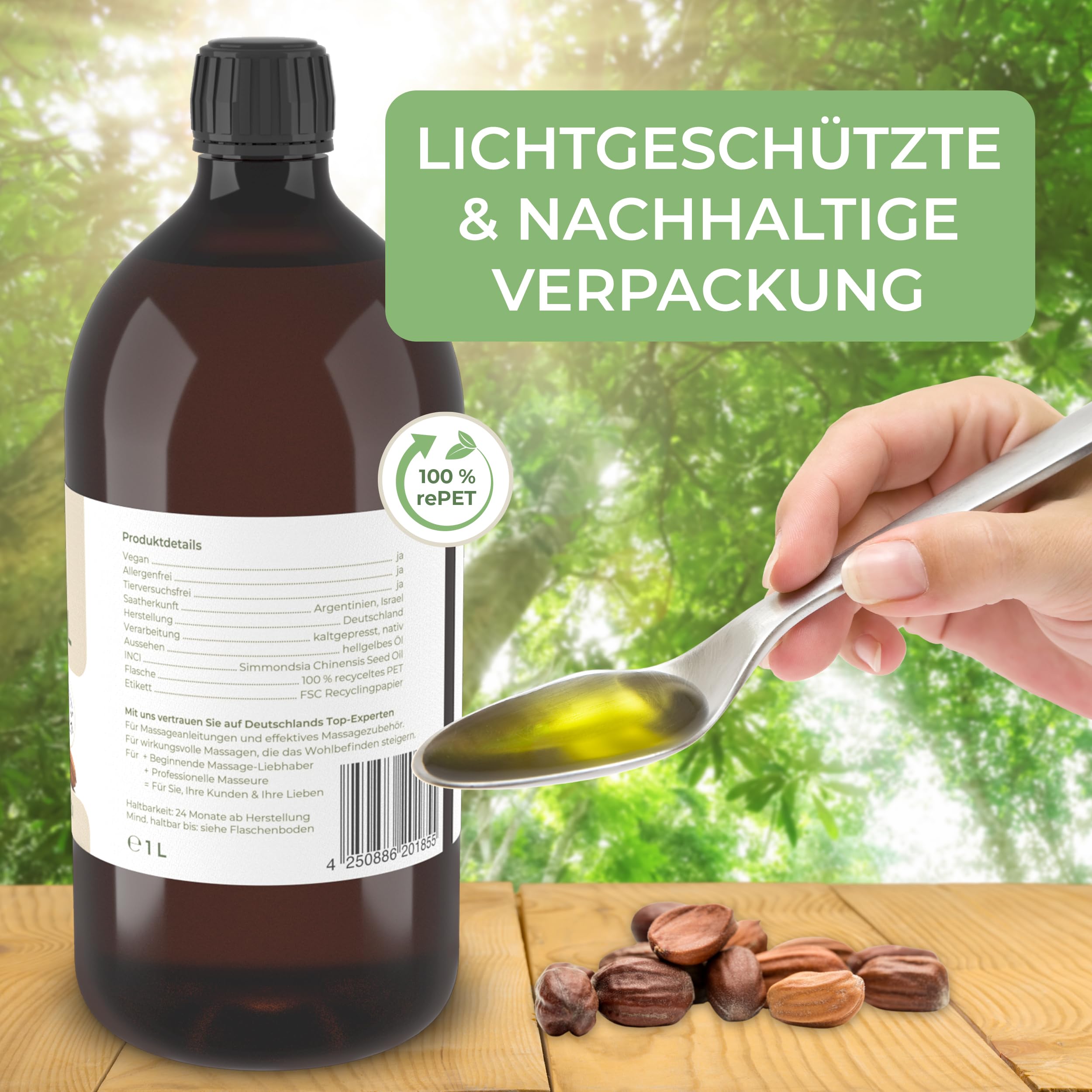 MASSAGE-EXPERT Bio Jojobaöl kaltgepresst – für Massage, Babymassage, Hautpflege und Haarpflege (1 Liter rePET-Flasche mit Spritzeinsatz)