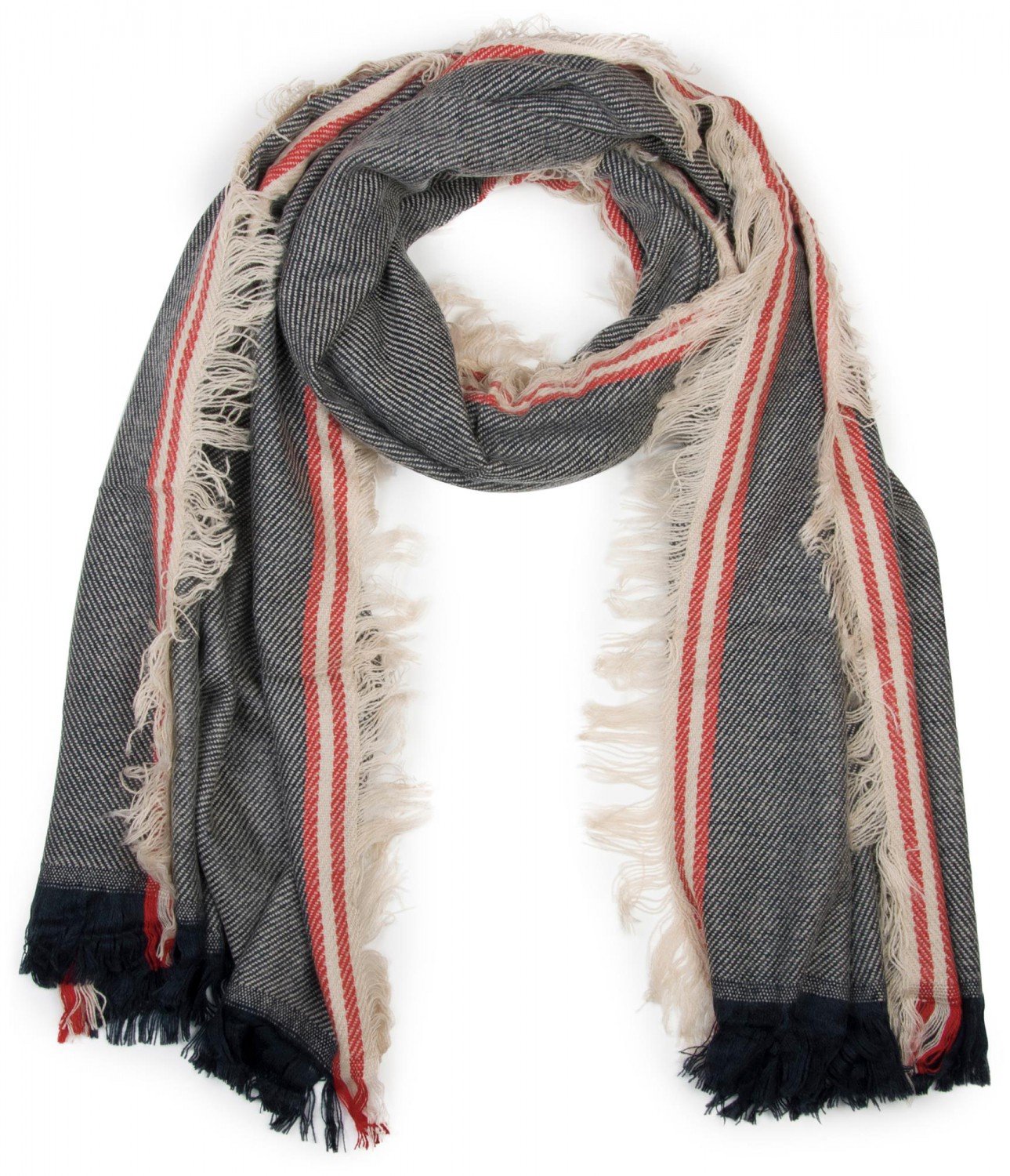 styleBREAKER broad XXL scarf, with short fringes all around, striped pattern and contrasting stripes, unisex 01018140, Colour:Black-White-Cream