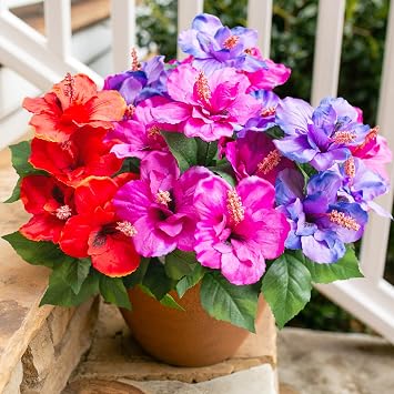 HyeFlora Artificial Flowers for Outdoors Faux Plants 4 Bundles Realistic Fake Hibiscus Tropical Flower UV Resistant Silk Flowers for Outside Planter Porch Patio Yard Garden Window Home Decoration, Mix