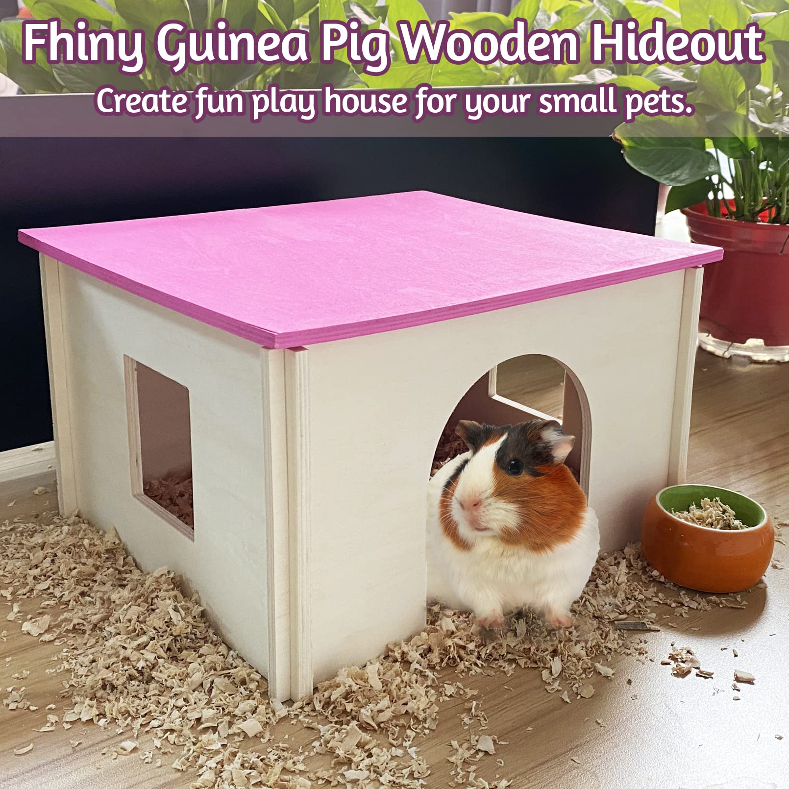 Fhiny Meerschweinchenhaus aus Holz mit Fenster und Dach, abnehmbare Chinchilla Hütte Versteck natürlicher Hamster Habitat Dekor für Hamster, Igel, Eichhörnchen oder andere Kleintiere