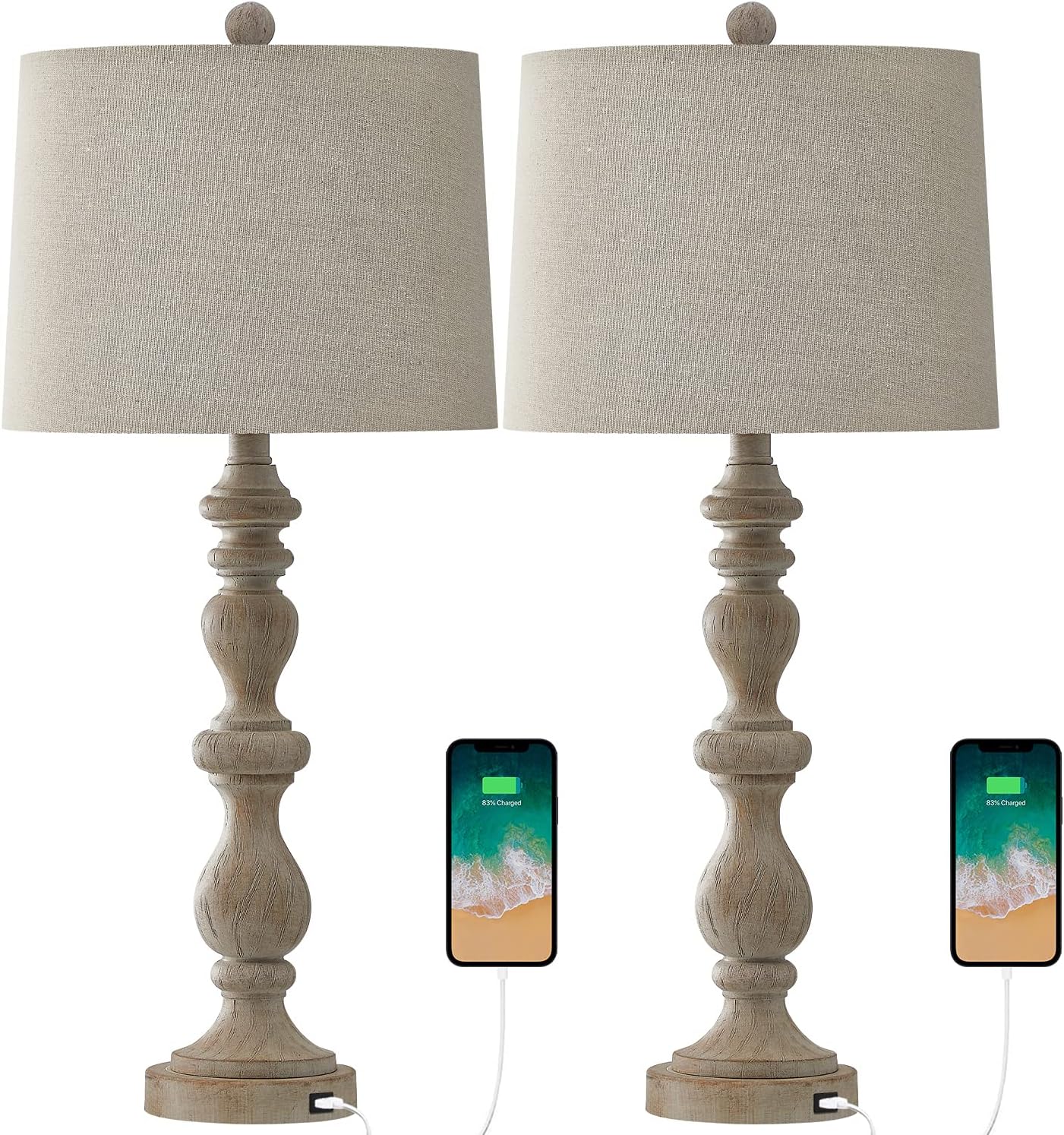OYEARS USB 27.75'' Rustic Table Lamp Set of 2 for Living Room Resin Retro Lamps with 2 USB Ports for Bedroom Nightstand Bedside Vintage (White Wash 333) : Everything Else