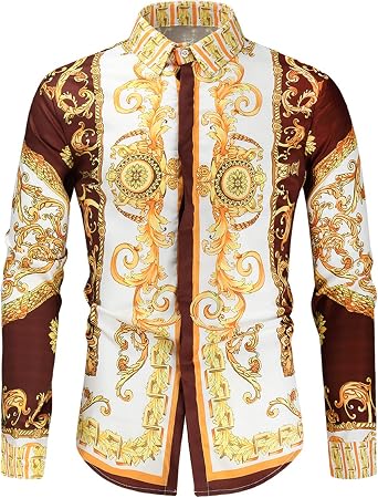 Men Palace 3D Print Long Sleeve Shirt Golden Fashion Luxury Printed Dress Shirts Nightclub Button-Down Shirts