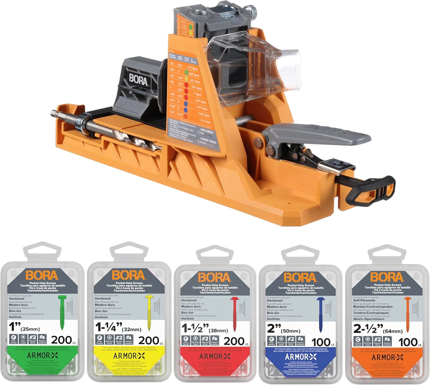 BORA Automatic Pocket Hole Jig with 800 pc Fine Thread Screws, Auto Adjusting Drill Guide, Pocket Hole Jig Kit for Woodworking - For Materials 1/2 inch to 1 1/2 inch Thick, Power Tool Accessory Jigs