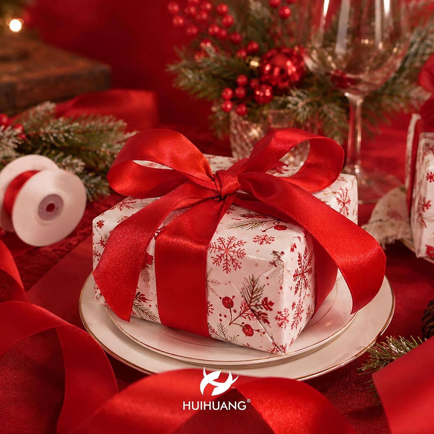 HUIHUANG Red Satin Wired Ribbon 1-1/2 inch Red Double-Faced Satin Wire Edge Ribbon for Wreaths, Bows Making, Gift Wrapping, Holiday Home Decor, Crafts, Holiday Tree Bows- Continuous 10 Yards