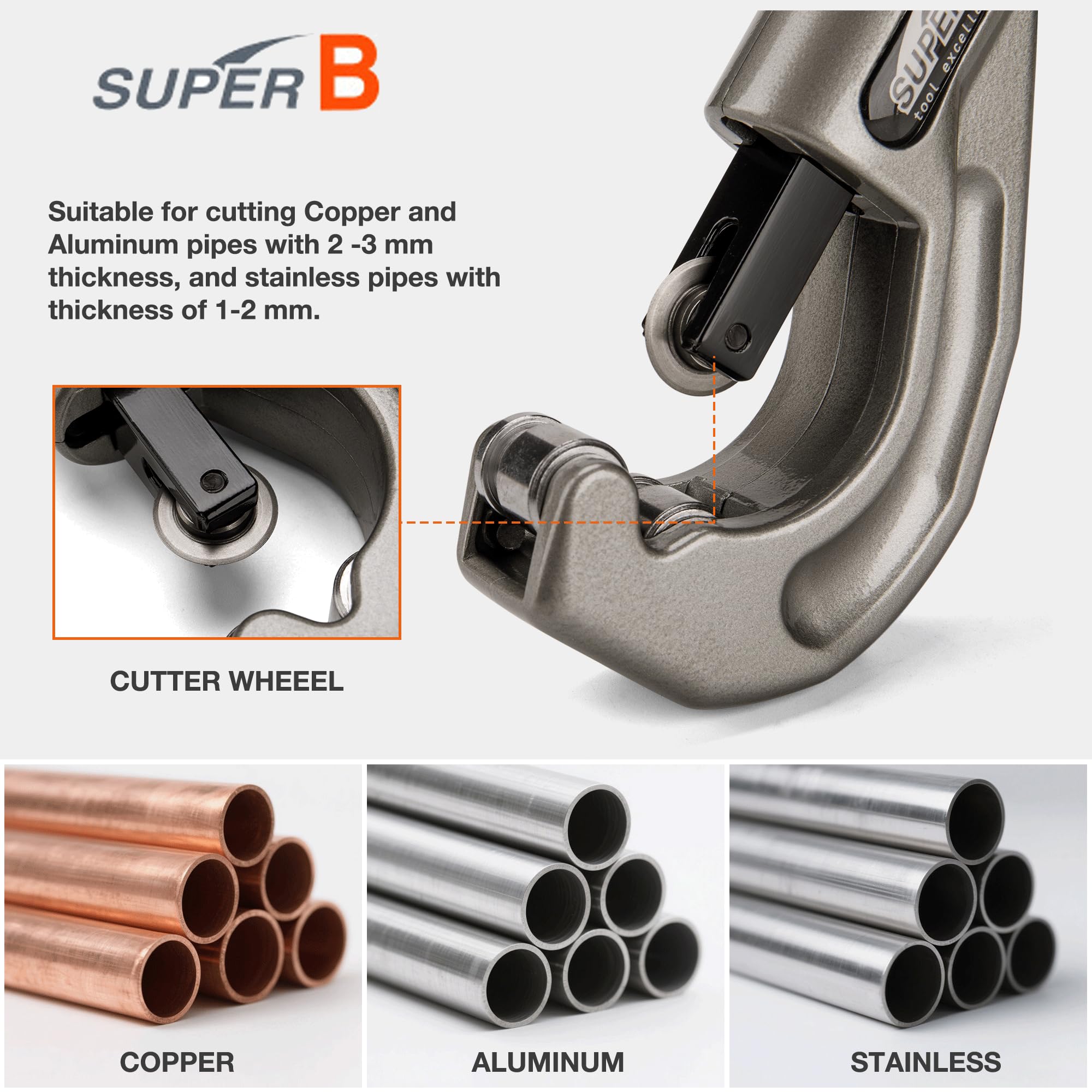 Super B Rohrschneider, Rohrschneider, Werkzeug, 0,6 cm - 3,8 cm Außendurchmesser Kupfer, Aluminium, Messing, Edelstahl und Kunststoff, Rohrschneider, Schnellschneider mit Ersatzrad und Entgratwerkzeug