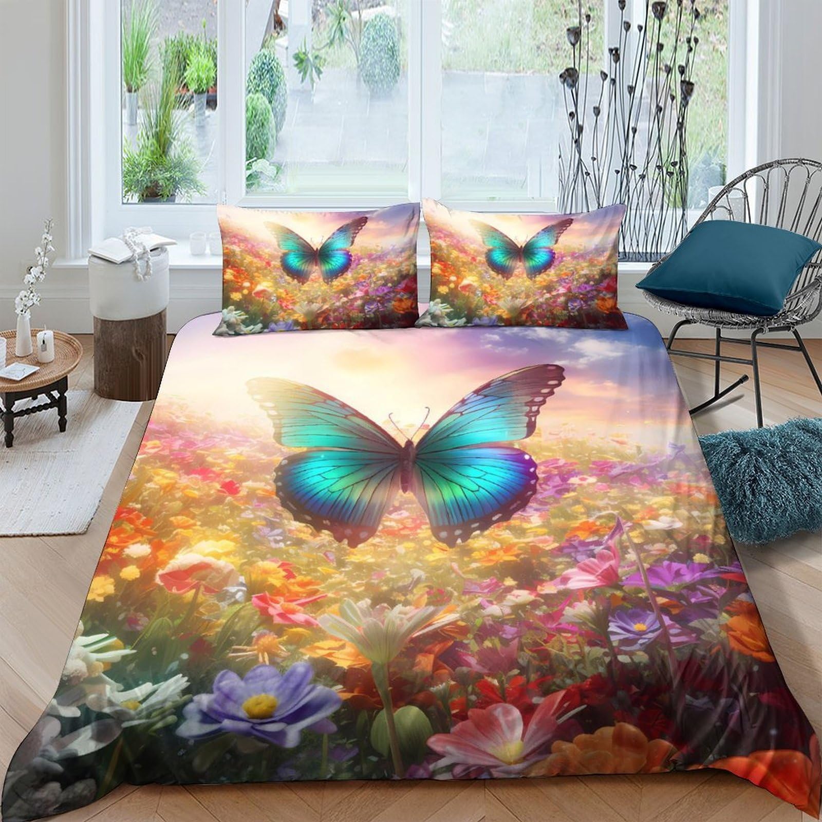 Ctjqhvkz Style-6 3D Printed Blue Butterfly Fitted Sheet Microfiber Floral Meadow Mattress Cover For Bedroom Guest Room Decor Machine Washable Single（135X200cm）