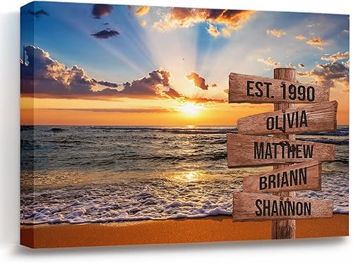 My Soul And Spirit Store - Lienzo de primera calidad personalizado con varios nombres y puesta de sol sobre la playa, lienzo personalizado de