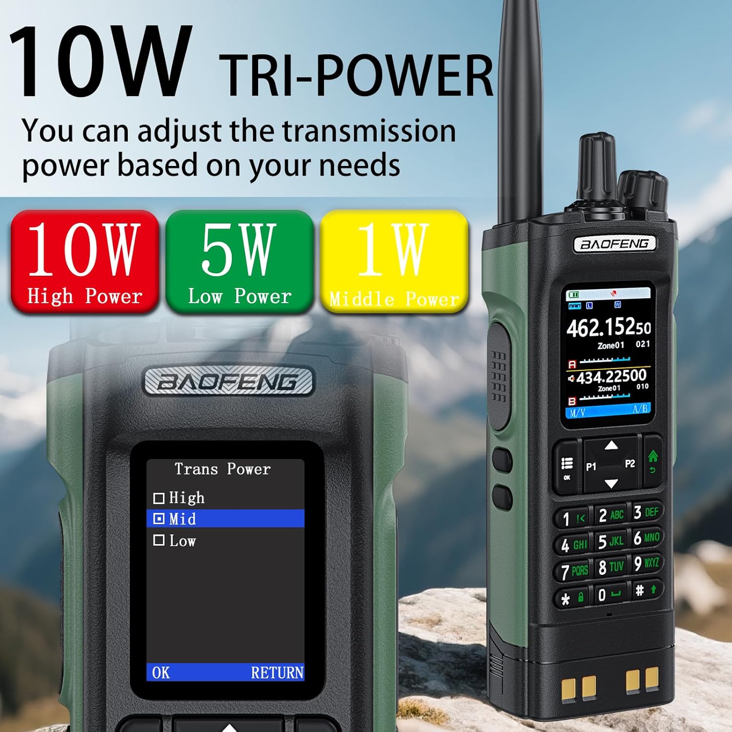 BAOFENG UV-32 radio screen showing options for High, Mid, and Low transmission power settings (10W, 5W, 1W).
