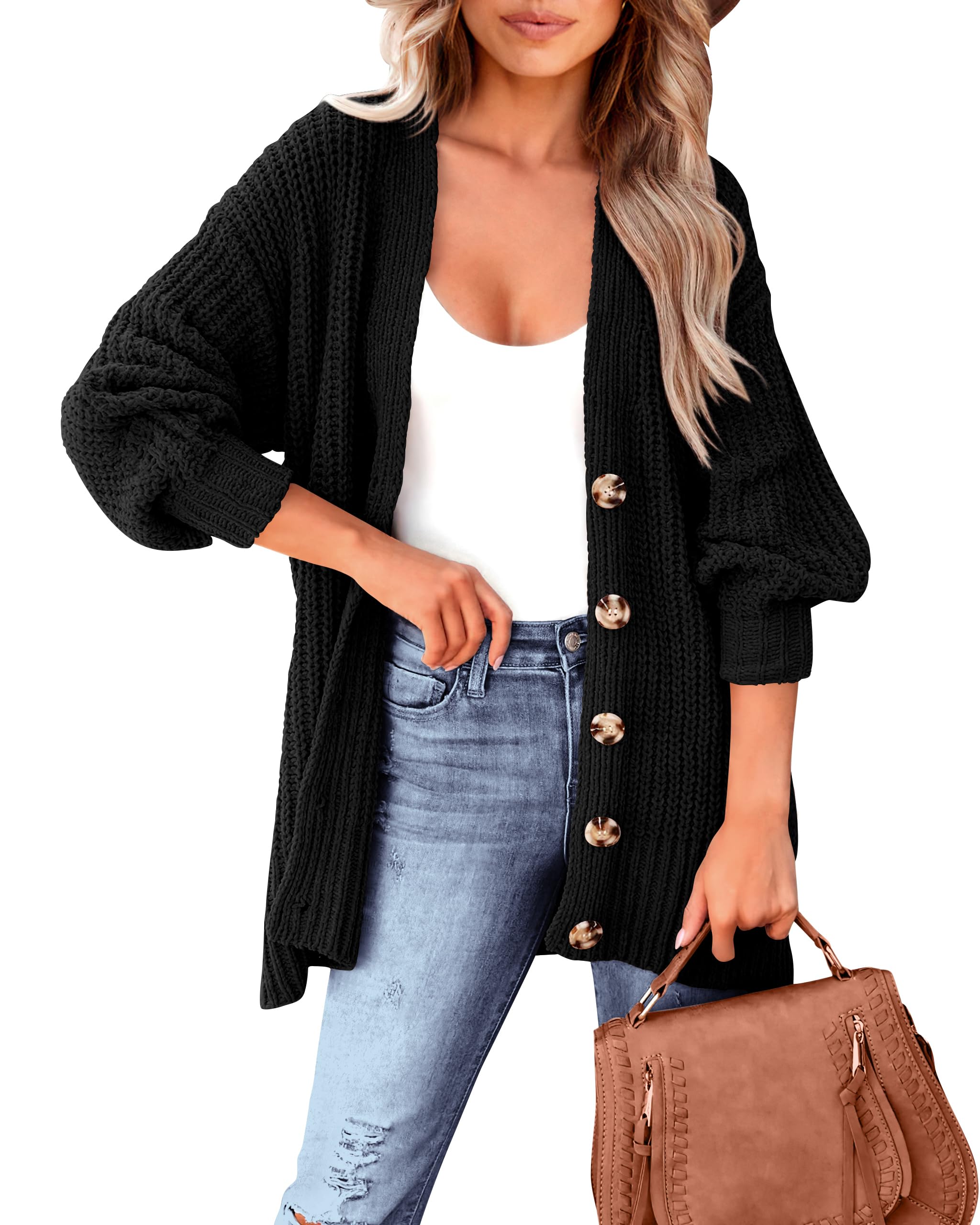 MASCOMODAWomen's Long Sleeve Oversized Cable Knit Sweater Cardigan 2023 Fall Open Front Button Down Chunky Knit Outwear Coat