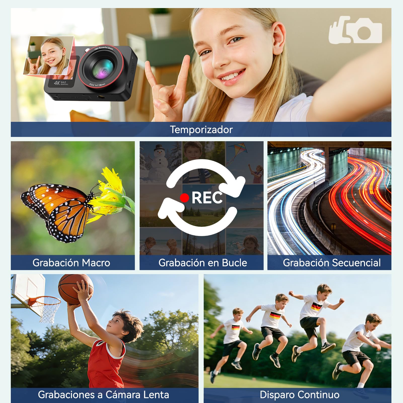 Cámara de Fotos Cámara Digital 4K 64MP, Cámara Digital Zoom 18X, Cámara Compacta con Tarjeta de 64GB y 2 Baterías, Recargable Compacta Portátil Cámara para Niños Principiantes, Negro