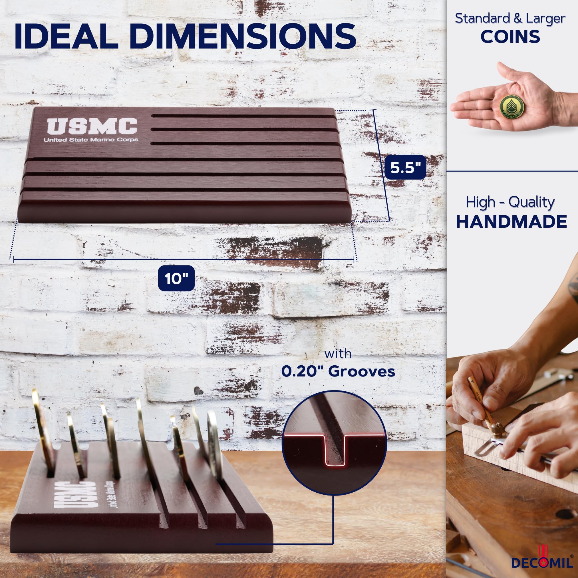 DECOMIL Challenge Coin Display Stand, Military Coin Holder Display, Solid Wood, 30 Challenge Coin Holder, Gift for Veterans, Coin Rack Display Military Emblems, Coin Tray (MARINE CORPS.)