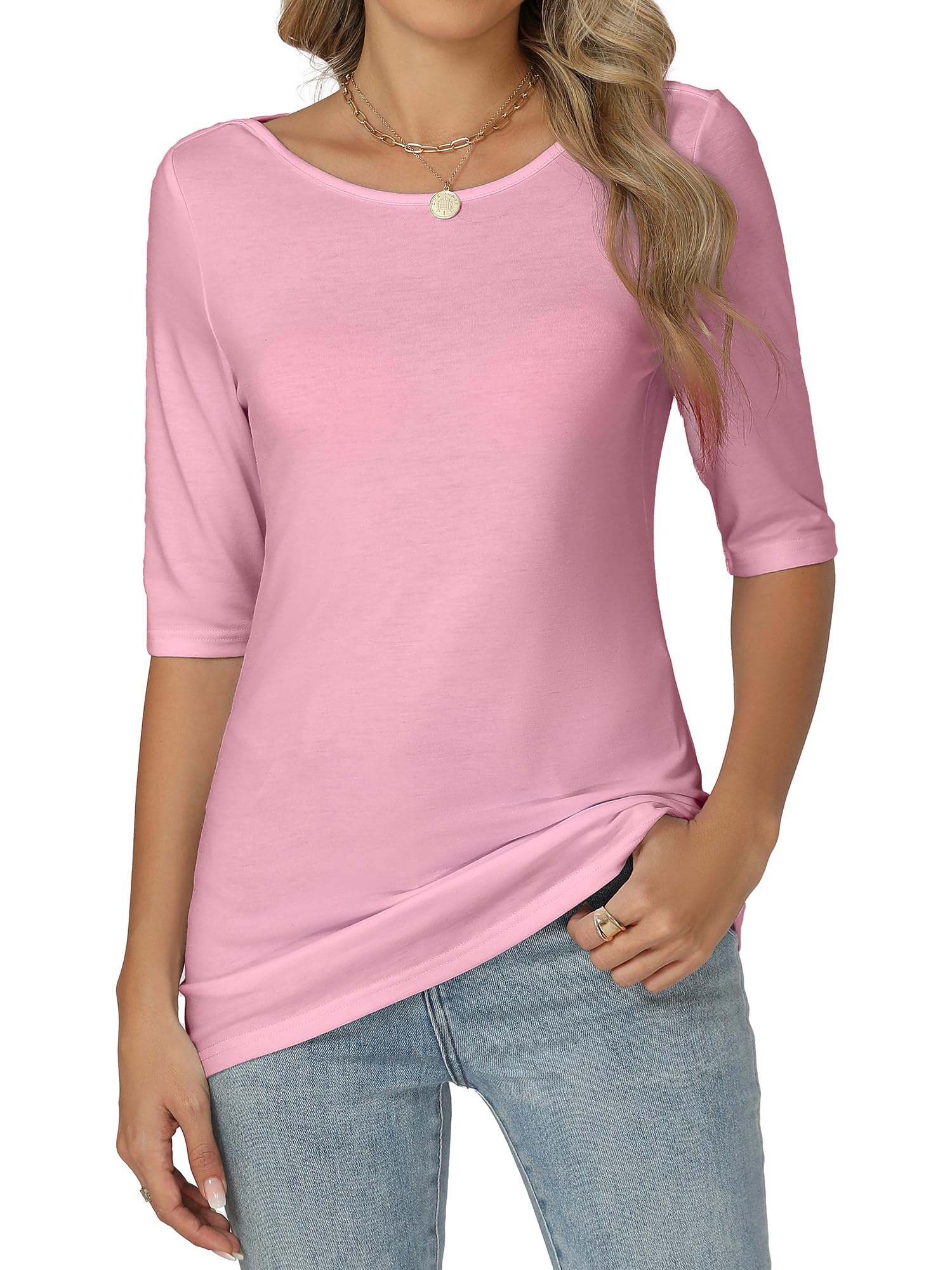 Famrrifuu Damen T-Shirt Halbarm Figurbetontes Oberteile mit U-Boot Ausschnitt Basic Stretch Einfarbige Shirts