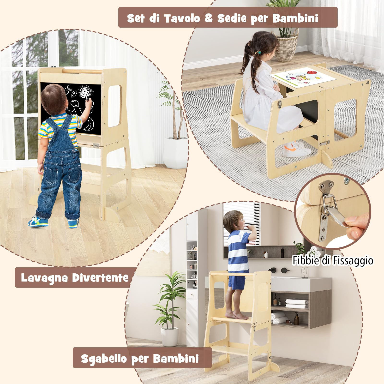 COSTWAY 7 in 1 Set da Arrampicata per Bambini, Giocattoli da Arrampicata Pieghevole con Rampa Reversibile Sgabello Convertibile Tavolo e Sedia Lavagna, 3-14 Anni (Naturale)