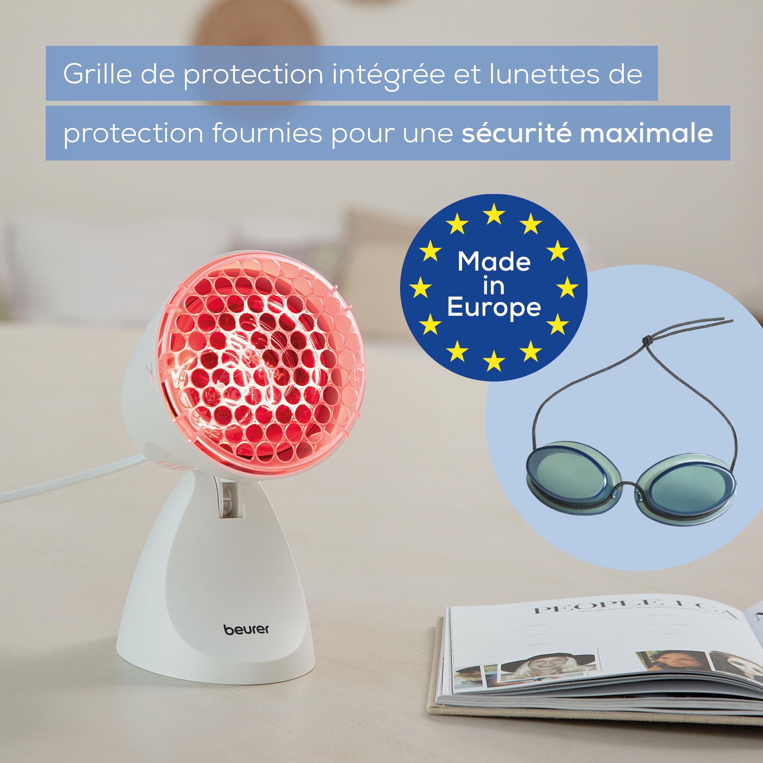 Beurer IL 11 lampe infrarouge avec grille de protection, dispositif médical pour utilisation en cas de rhume et de tension musculaire, 5 niveaux d'inclinaison, lunettes de protection incluses