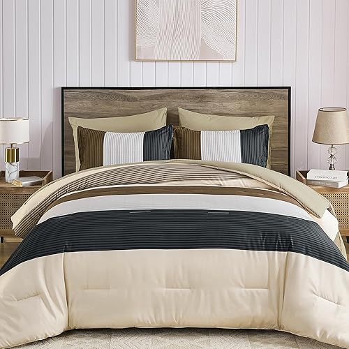 Miniatura 16 de Anibedding - Juego de edredón rojo y marrón tamaño Queen, juego de edredón de 7 piezas con rayas burdeos estilo bohemio, ropa de cama de microfibra