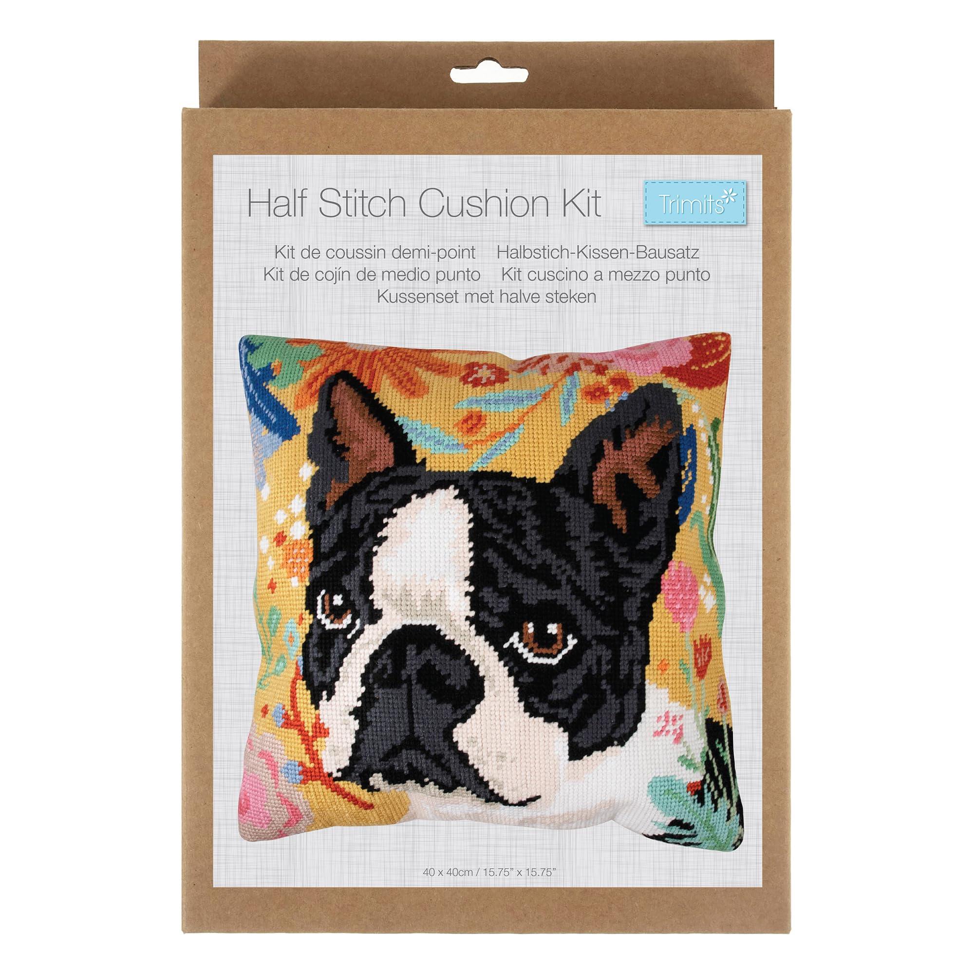Trimits Kit per cuscino a mezzo punto croce, retro del cuscino incluso, tela prestampata, filati e ago inclusi, 40 x 40 cm, motivo: cane