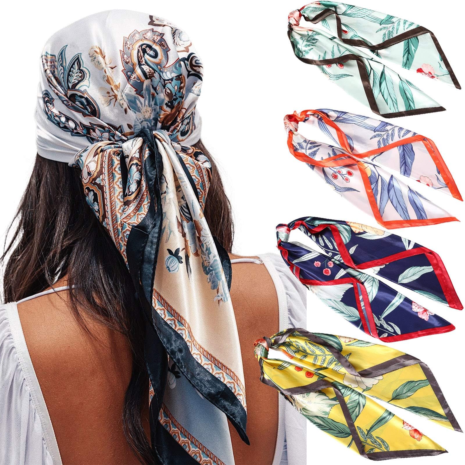 AWAYTR 35” Satin Large Square Head Scarves - 4PCS Silk Like Neck Scarf Hair Sleeping Wraps Satin Silk Scarfs for Women
