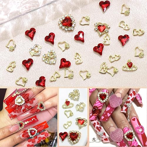 Miniatura 2 de RODAKY 40 dijes de uñas de corazón rojo para el día de San Valentín en forma de corazón 3D, suministros de arte de uñas con diamantes de imitación
