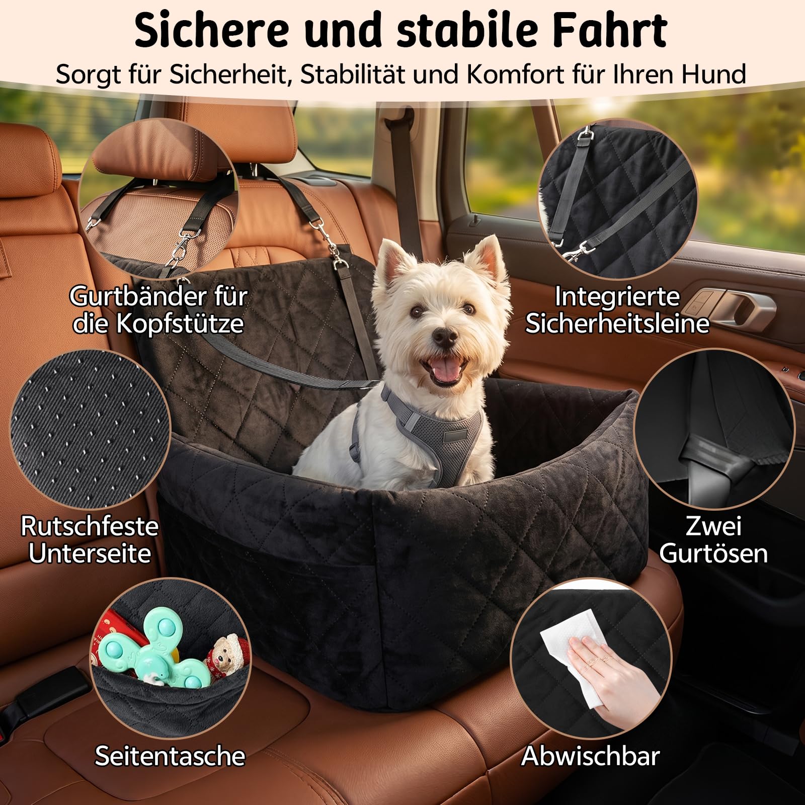 Hundeautositz bis 9 kg, Memory-Schaum Hundebooster mit Plüsch-Samt-Bezug, Rutschfeste Unterseite & 2 Sicherheitsgurte, Waschbares Reise-Hundebett mit Sicherheitsleine, 45x45x34cm