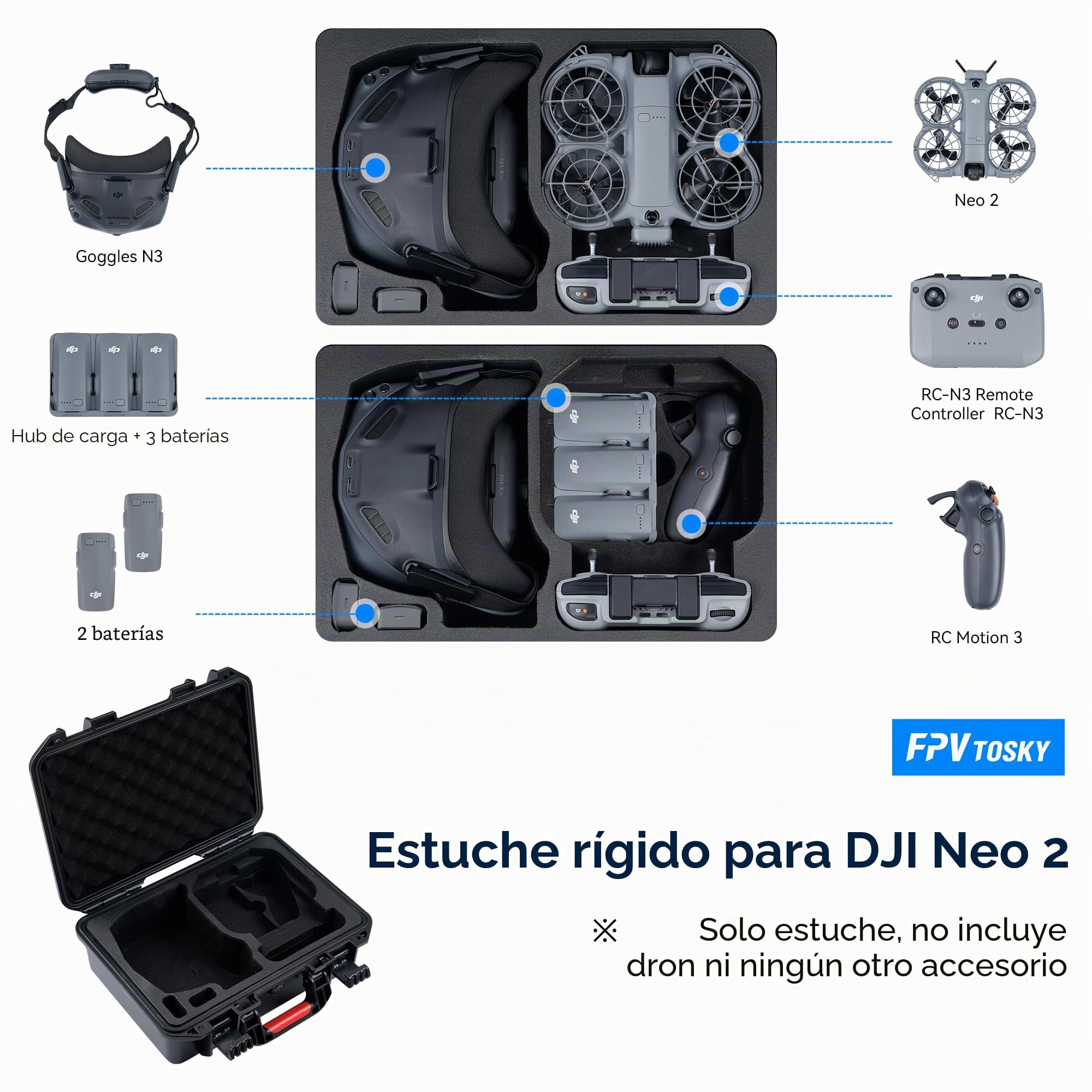 FPVtosky Maleta Rígida para dji Neo 2, Goggles N3, RC N3, RC Motion 3 | Cabe Cargador y 6 Baterías, Resistente, Impermeable, Carcasa ABS rígida + Espuma EVA a Medida. Protección Total.
