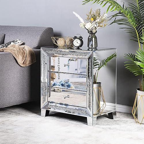 VINGLI Mirrored Nightstand Glass End Table, 23" W Silver Night Stand for Bedroom, Mirrored Bedside Table with Storage, Glass Mirror Nightstand