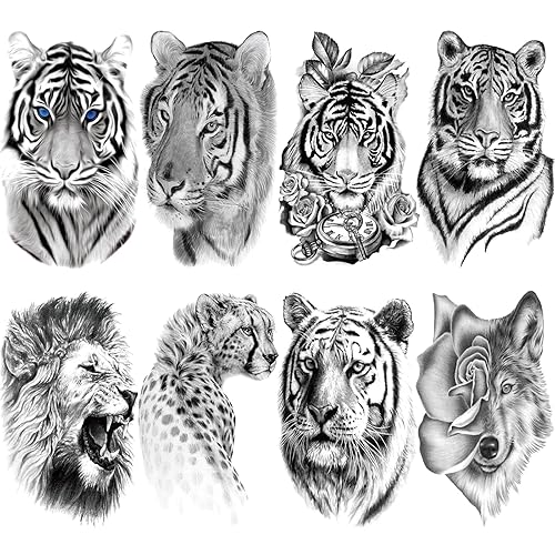 Miniatura 1 de Tatuaje temporal de tigre 3D para hombres y mujeres, gran negro de media manga, realista, animal tigre, tatuaje falso para adultos y adolescentes,