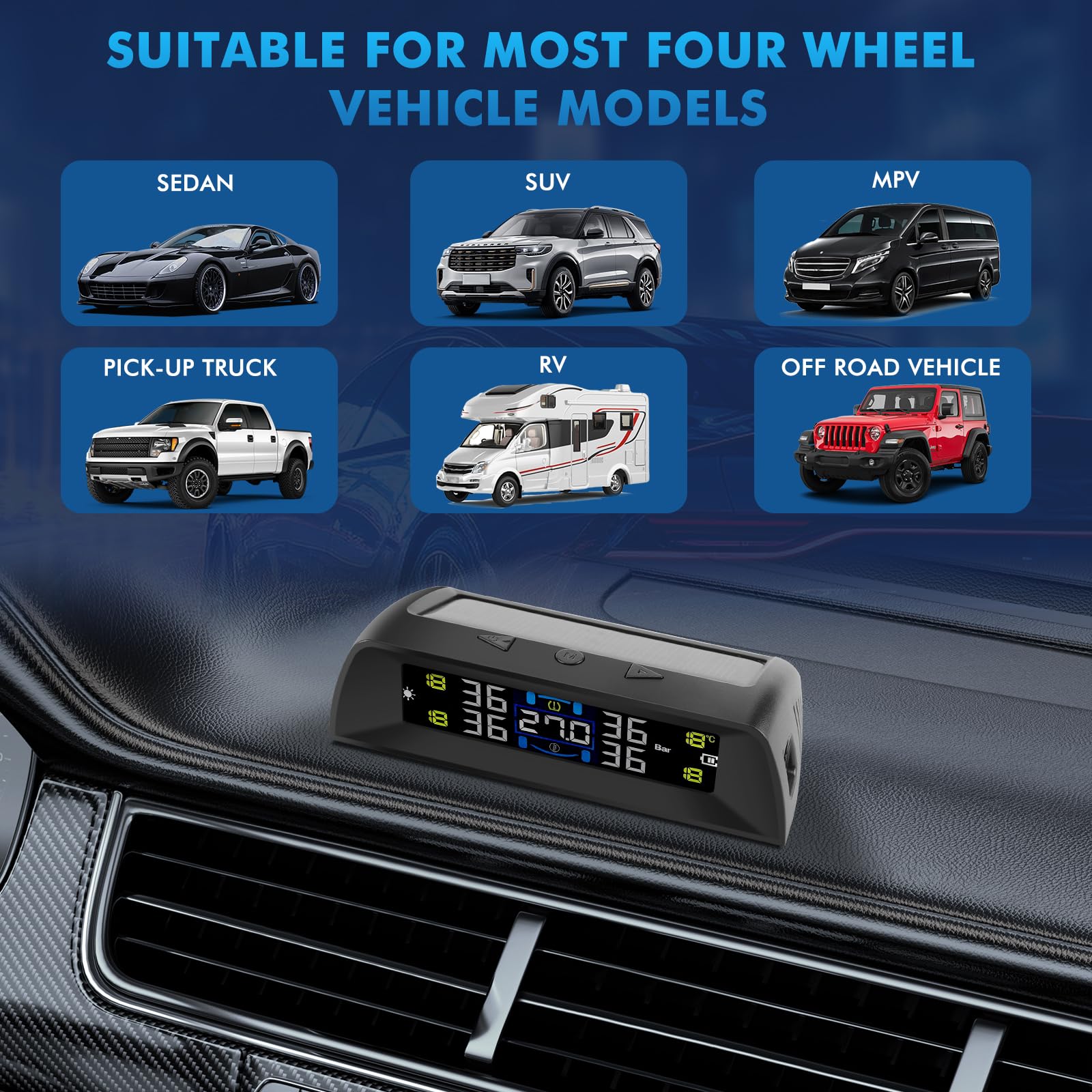 KAOLALI Sistema di Monitoraggio della Pressione dei Pneumatici, Visualizza La Temperatura all'Interno della Vettura TPMS, 6 modalità Allarme, con 4 Sensori Pressione Pneumatici (0-72 PSI)