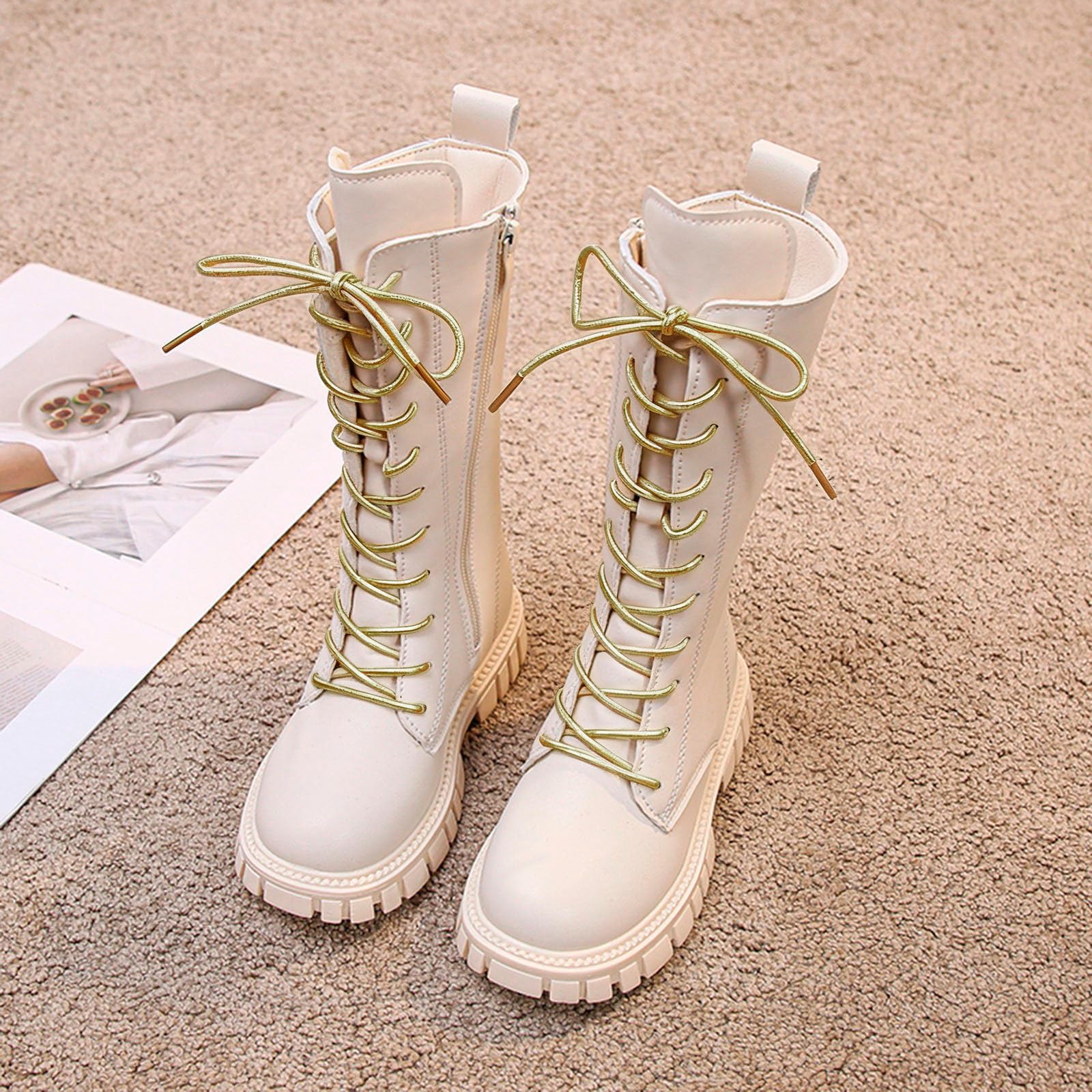 Bottes Et Bottines Enfant Fille, Botte Blanche Cowboy Enfant Chaussures Montantes Cuir Éclair Latérale Avec Lacets Semelle Caoutchouc Antidérapante Bout Rond Pour École Loisirs Quotidien Automne