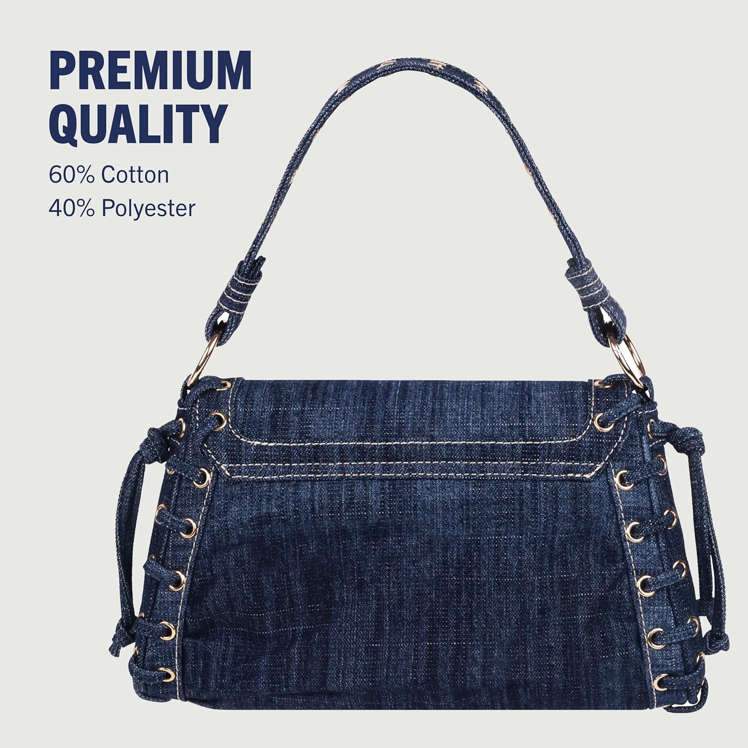 True Religion Studded Horseshoe Eyelet Denim Flap Bag, Crossbody Shoulder Handbag with Logo and Stud Details, Dark Denim - Image 5
