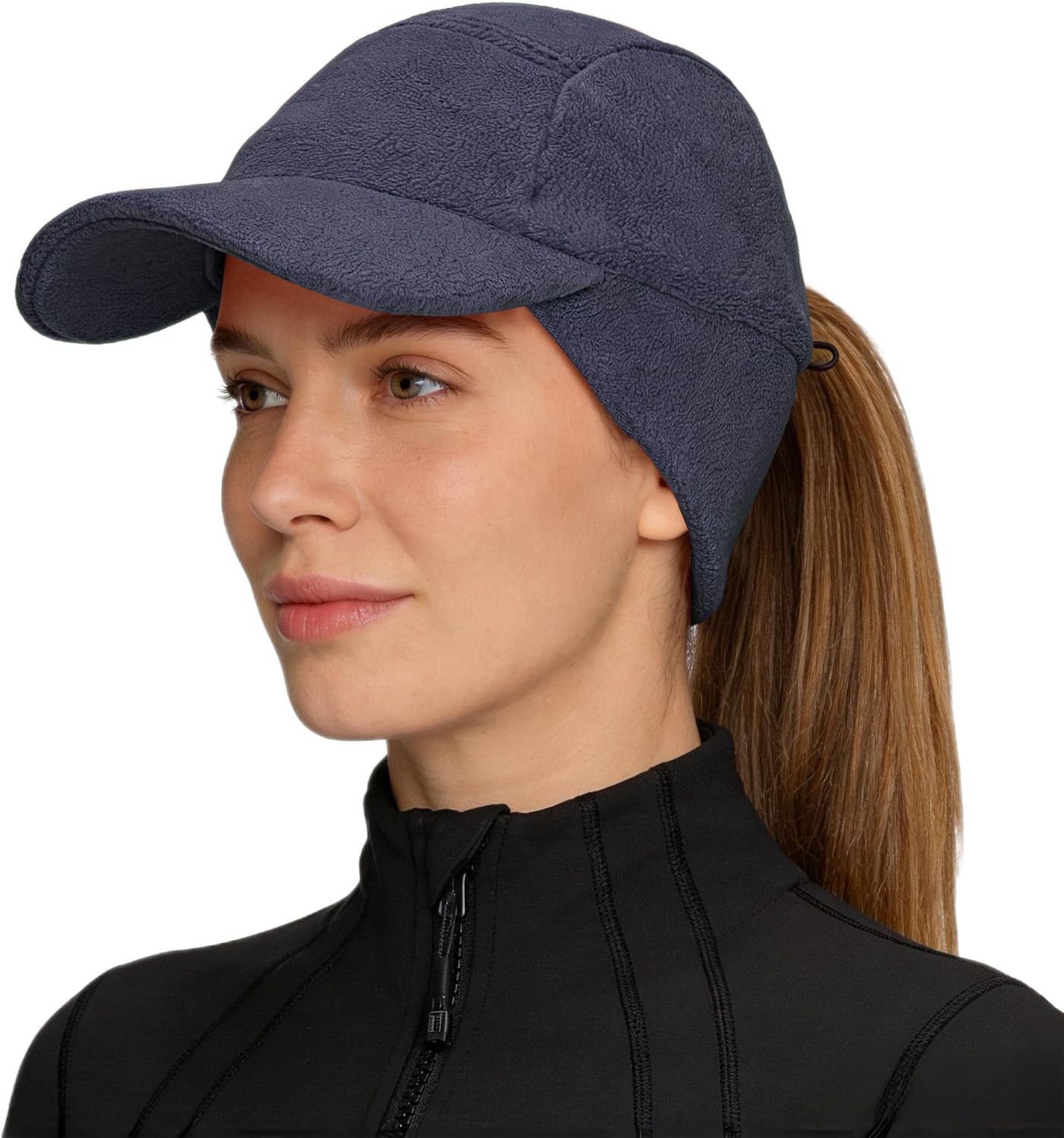Fleece Winter Baseball Cap with Ear Warmer & Ponytail Hole for Women