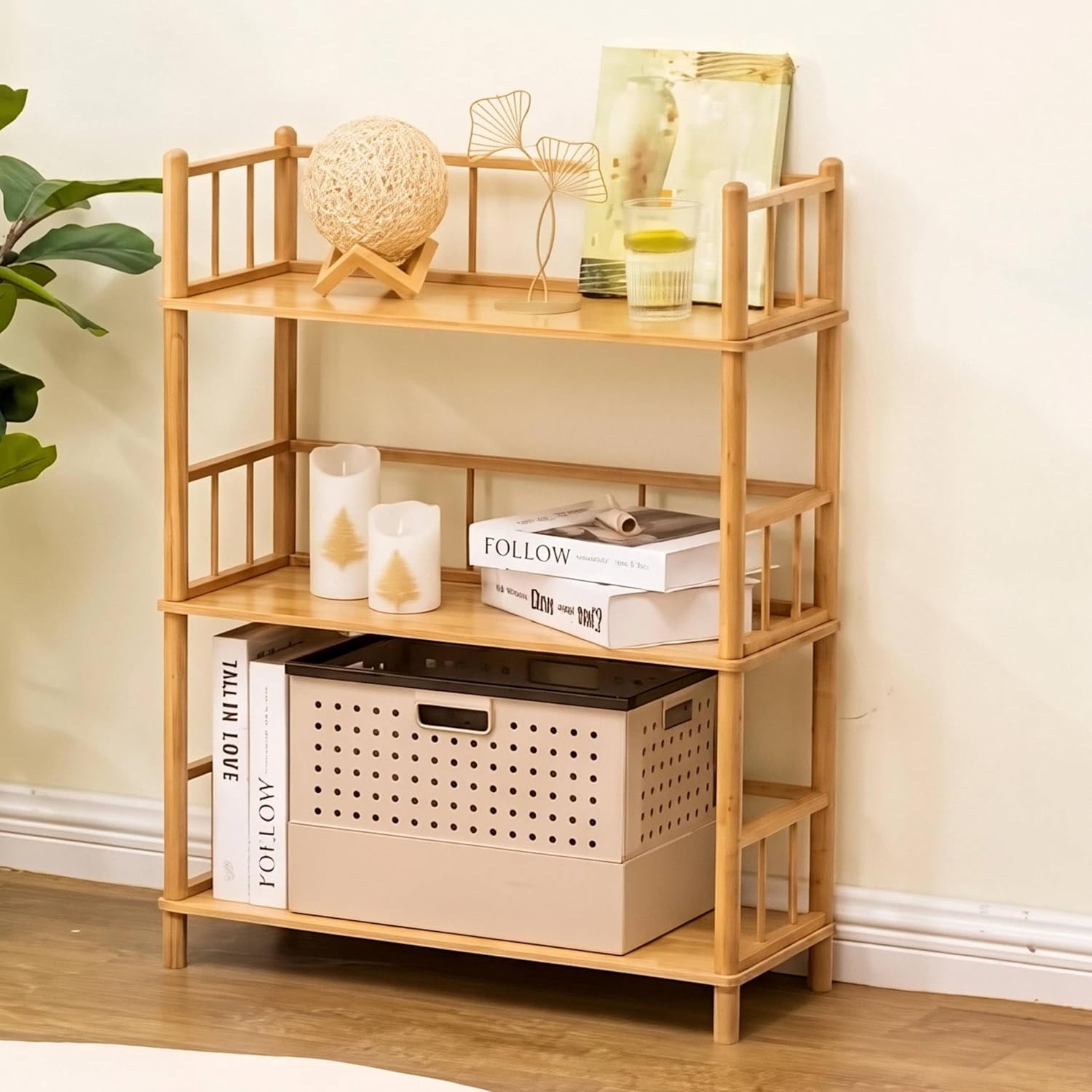 GOGOGO 3-Tier Expandable Bamboo Open Bookcase - No-Tools Assembly & Modular,Modern Display Bookshelf with Top Edge and Solid Wood Frame for Home and Office, Storage Cabinet