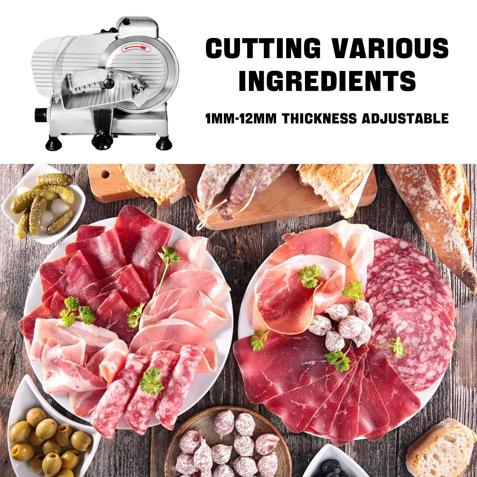 Affettatrice elettrica per Carne, in Acciaio Inox, Spessore Regolabile da 0 a 15 mm per Carne, Formaggio, Roast Beef, Verdure, Macchina da Taglio Professionale per Uso intensivo.