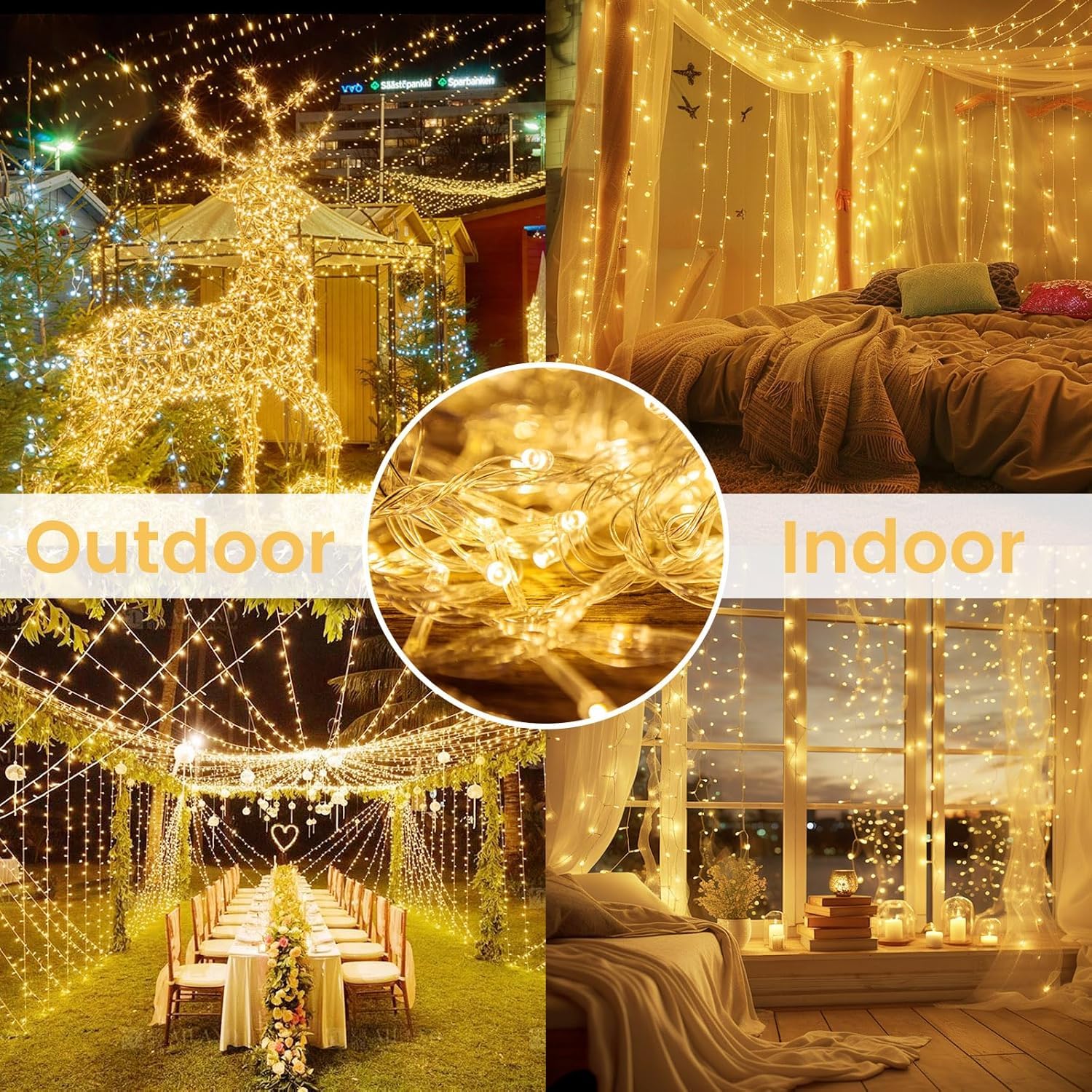 Lot de 4 guirlandes lumineuses à piles avec minuterie, 200 LED, étanches, 8 modes, pour fête intérieure et extérieure, chambre à coucher, guirlande d'arbre, décorations de Noël (blanc chaud)
