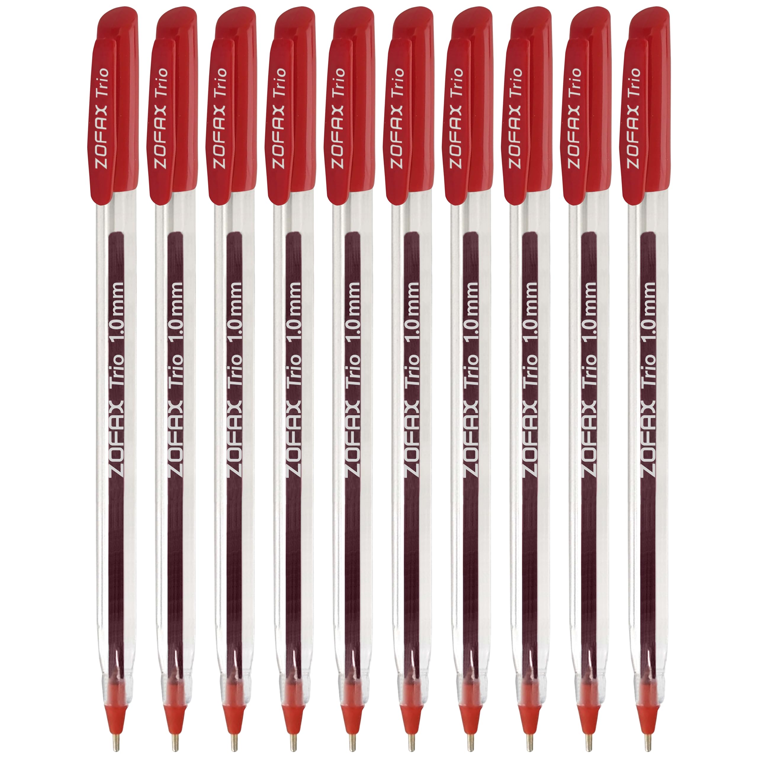 ZOFAX Trio Ballpoint Pens, RED, Medium Point (1.0mm), Pack of 50, Perfect for Triangular Grip, Smooth Writing, Ideal for Office School Home Business Use
