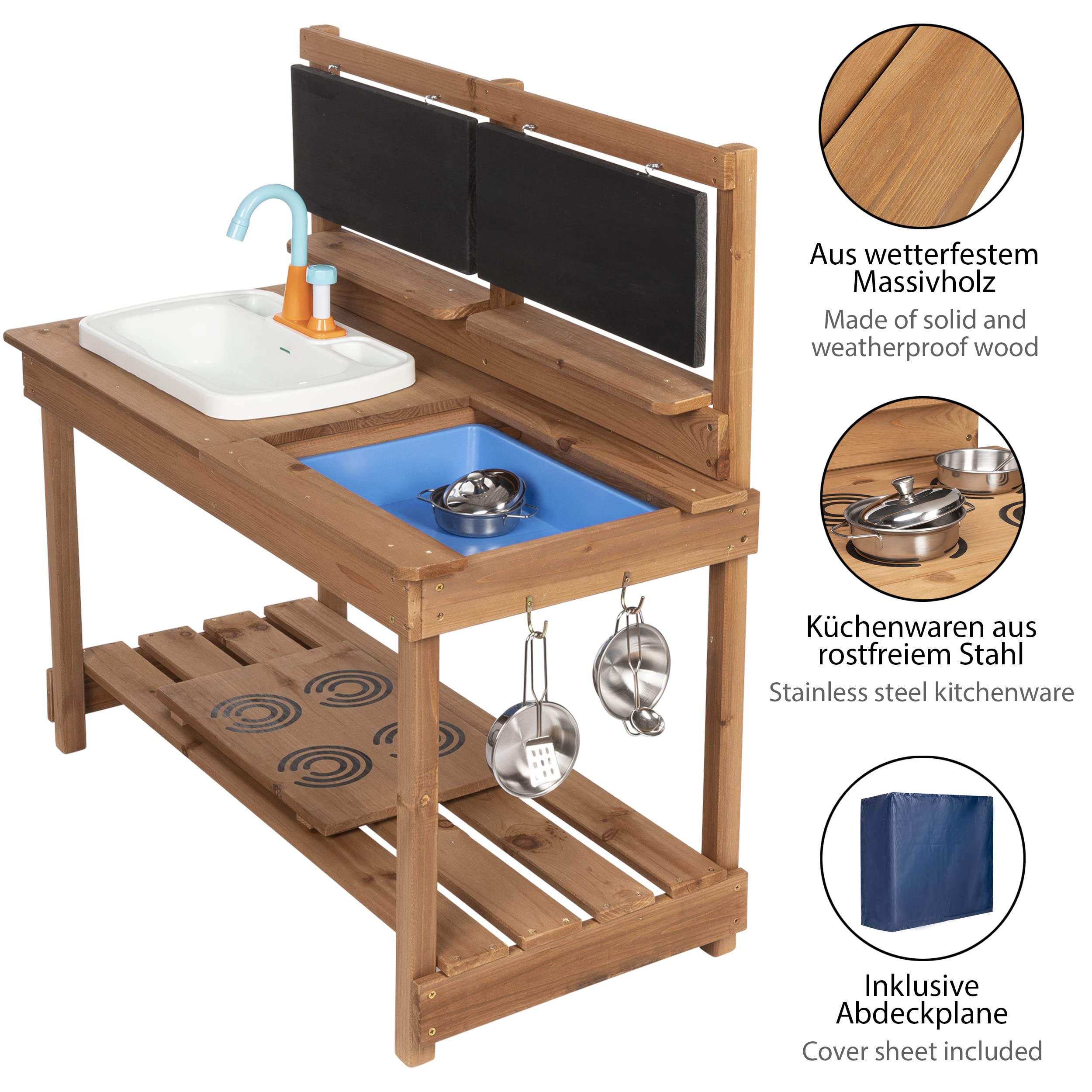 ONVAYA® Matschküche aus Holz | Braun | Outdoor Spielküche mit Waschbecken und schwarzer Tafel | Inklusive Stauraum in der Kinderküche für Draußen