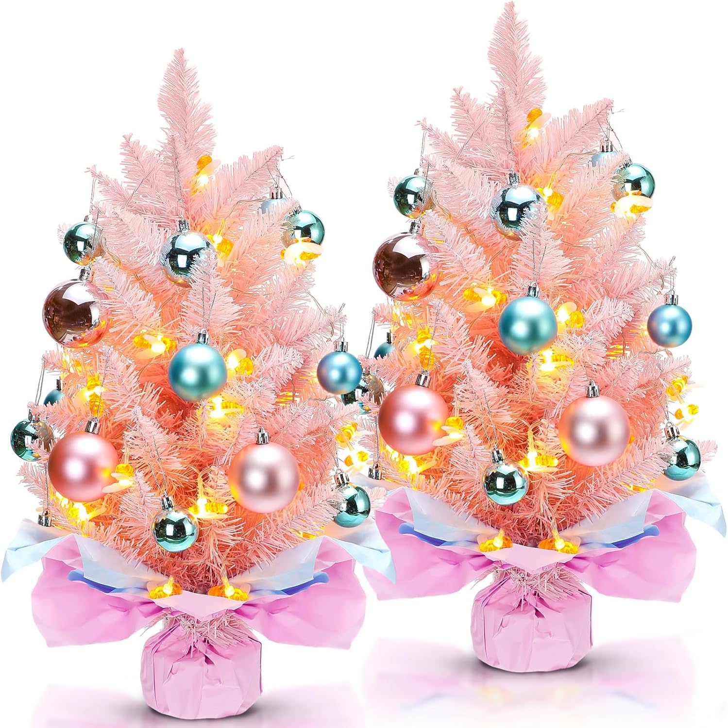 Liliful 2 Pcs 24 Inch Mini Pink Christmas Tree, Small Tabletop Christmas Tree Mini Artificial Christmas Trees with Lights and Ball Ornaments Pink LED Christmas Pine Tree for DIY Xmas Decorations Gifts