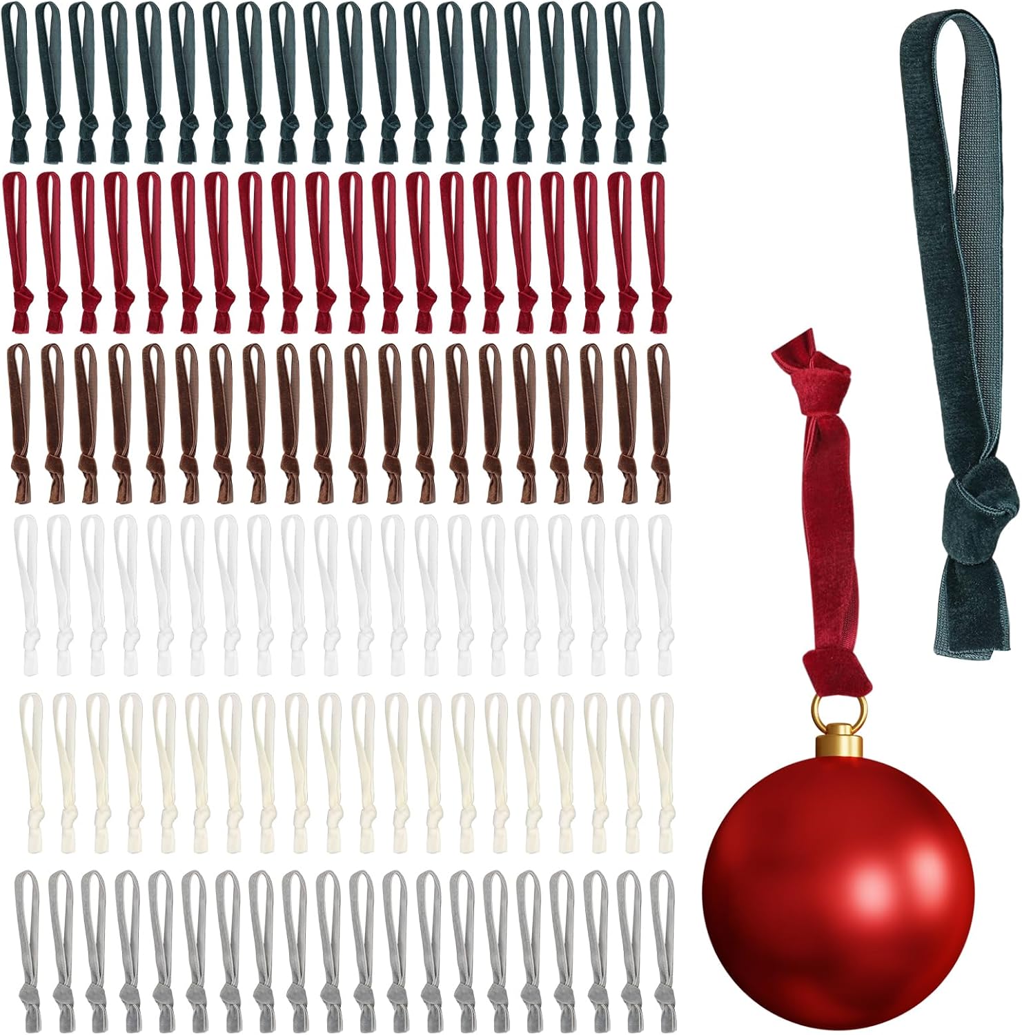 120pcs Velvet Christmas Ornament Hangers Ribbons, HSSZXFR Elastic Expansion Hand Tied String, Thin Ribbon Hanging Decoration for Christmas Tree Doors Window Wreaths