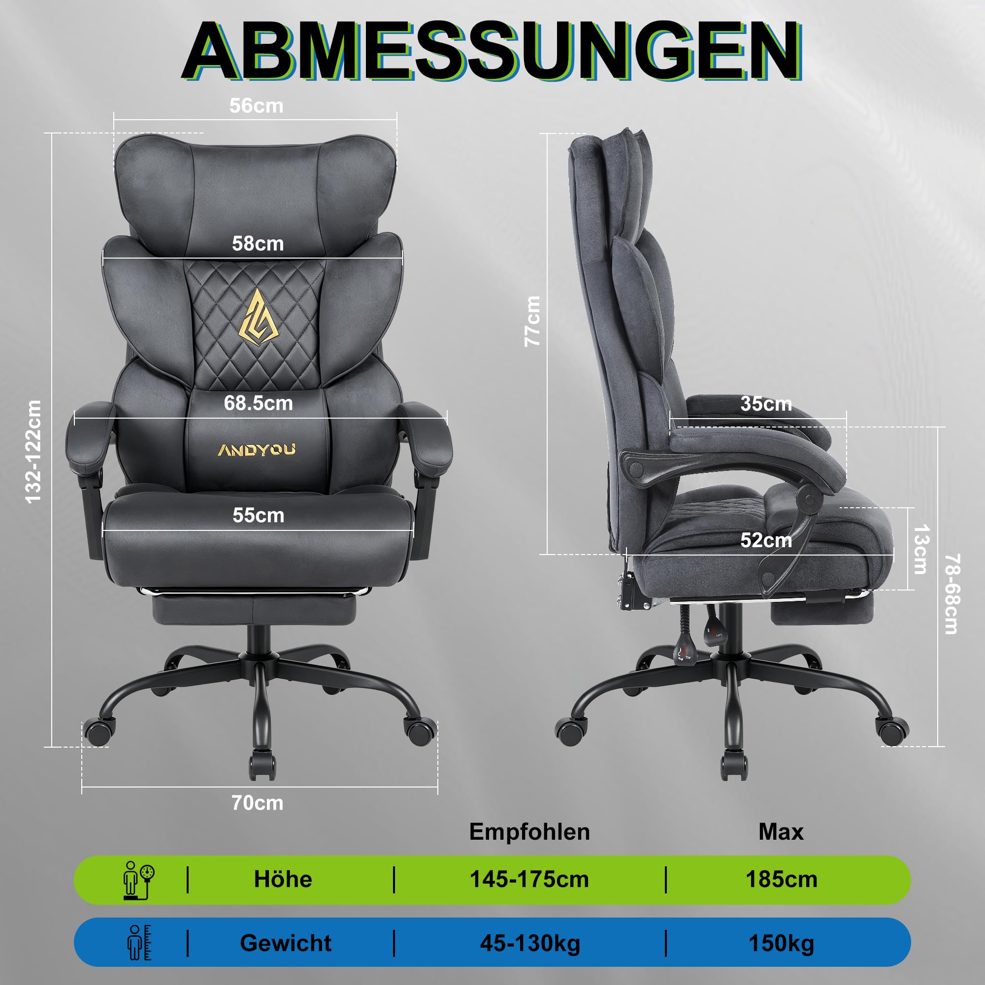 Andyou Gaming Stuhl mit Fußstütze–ergonomischer Bürostuhl, Rückenlehne 90–155°mit verbundenen Armlehnen, Suède-Bezug, Federsitzkissen, Schreibtischstuhl, belastbar bis 150 kg, grau