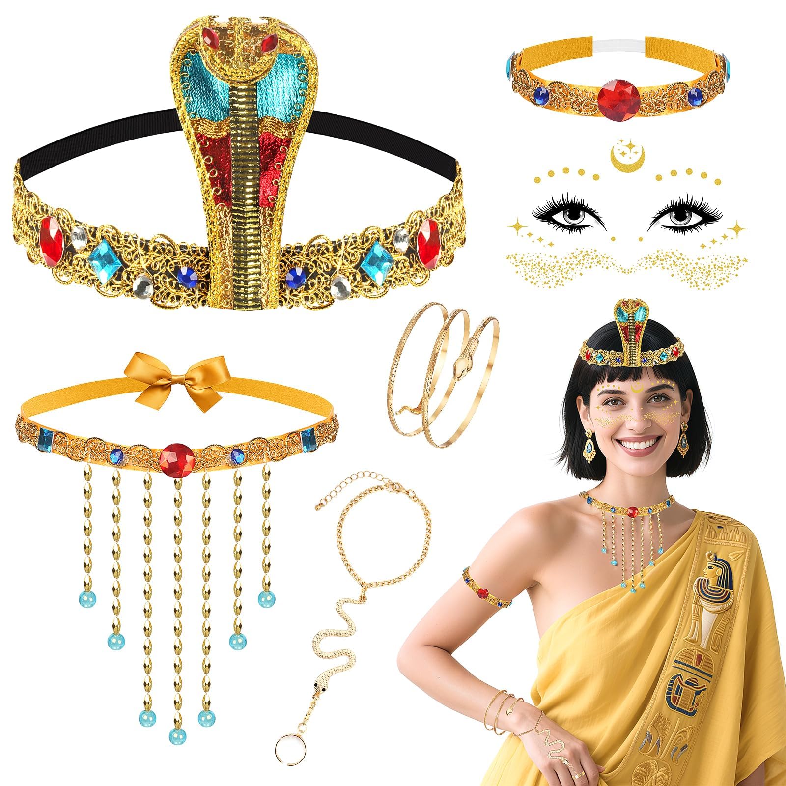 6Pcs Egyptian Costume Set for Women Cleopatra Fancy Dress Kit with Cobra Headpiece, Snake Armband, Tassel Necklace