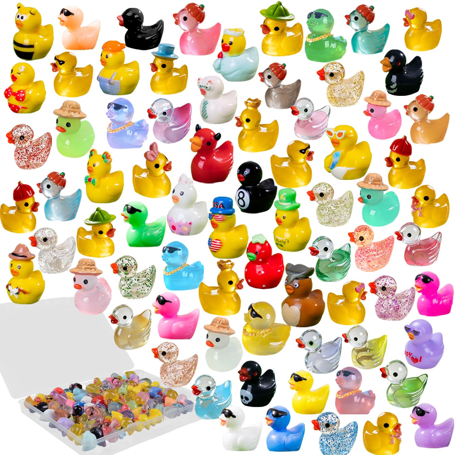U-Zimikee 80 Pcs Multicolor Mini Resin Ducks with Storage Box, Tiny Ducks to Hide, Little Ducks Figurines Miniature Ducks Figures Bulk for Mini Garden, Dollhouse Decoration Micro Landscape Ornament