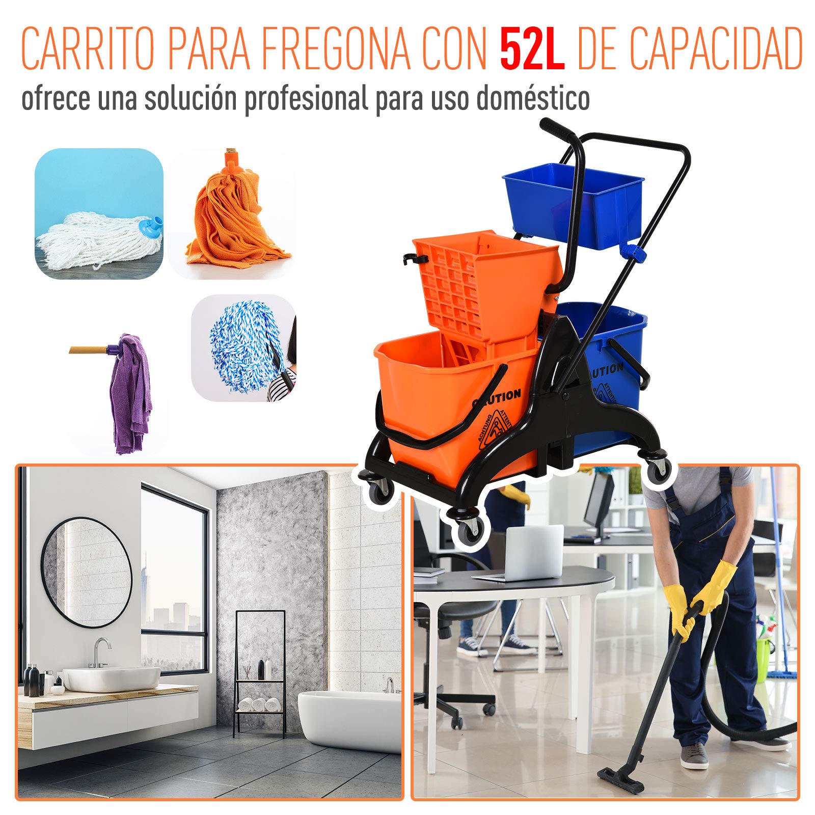 HOMCOM Cubo para Fregona Comercial Cubeta de Trapeador con Escurridor de Presión Abajo Capacidad de 26L con 4 Ruedas Silenciosas Doble Cubetas Separadas 78x45x95 cm Naranja y Azul