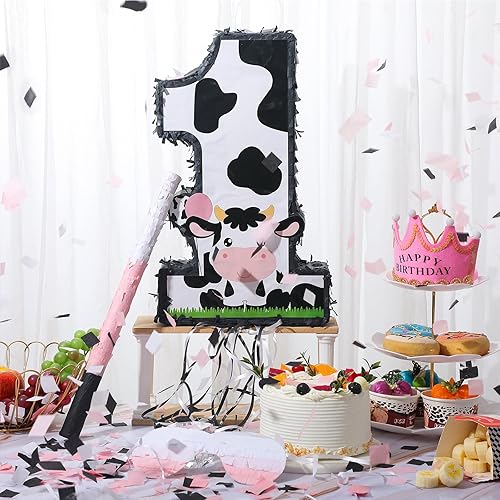 Miniatura 5 de Ferraycle Piñata número 1 de vaca pequeña para decoración de fiesta de primer cumpleaños, suministros de fiesta de cumpleaños de granja de vacas