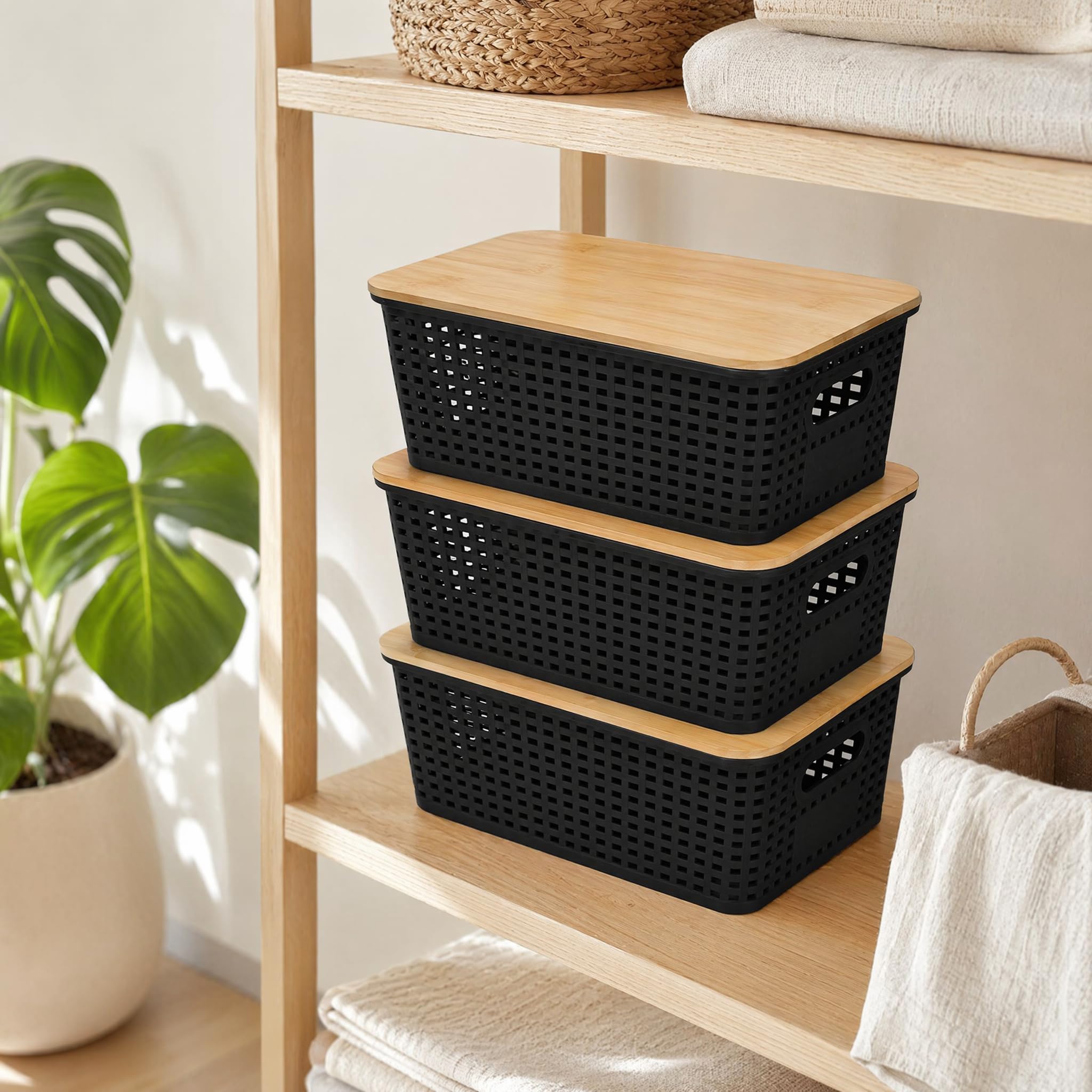 Scatola portaoggetti con coperchio, piccola, nera, 6 pezzi, 5 l, organizer da bagno e cucina, scatole impilabili con coperchio in bambù (6 pezzi (25 x 18 x 10 cm)
