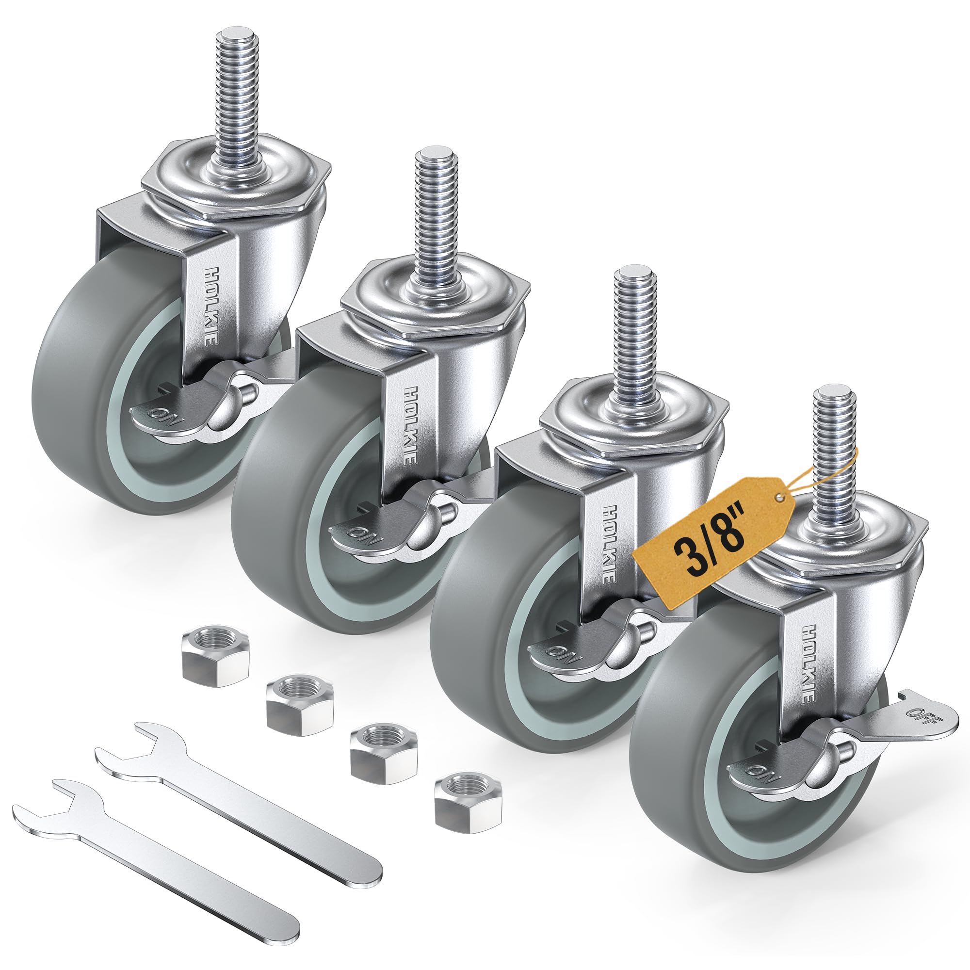 HOLKIE 3 Inch Heavy-Duty Stem Casters, Set of 4 with Brake