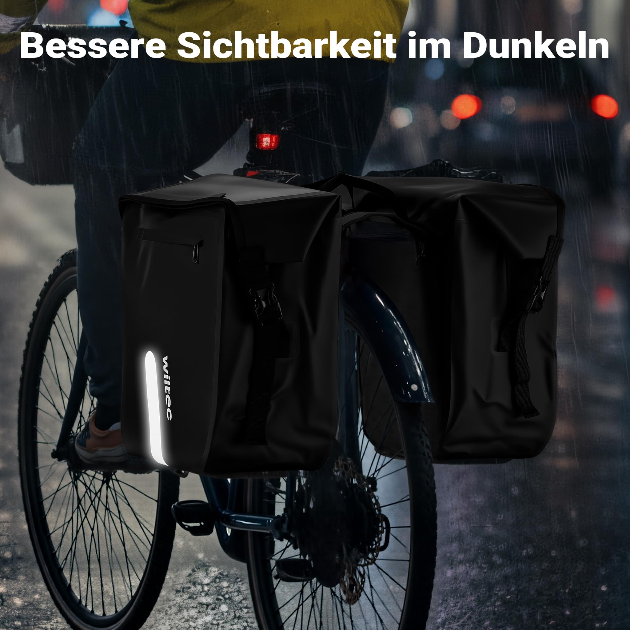 Wiltec Borsa doppia per portapacchi 37 x 16 x 51 cm, borse bici posteriori con 46 l di spazio, borse posteriori bici impermeabili, borsa da viaggio per bicicletta con tasche laterali