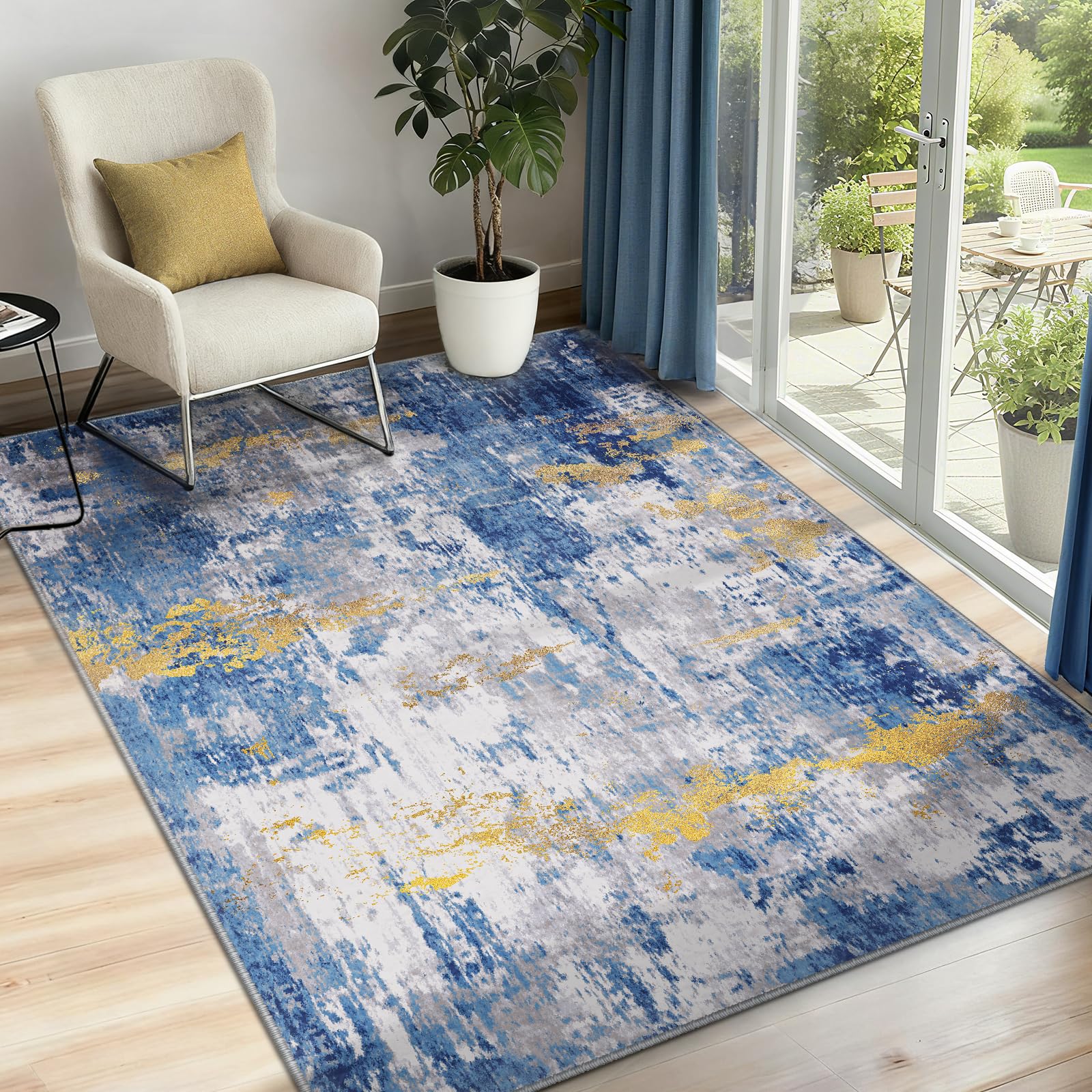 INOVADAY Washable Rugs Living Room 90x150 cm Modern Abstract Rug with Soft Low Pile Vacuum Friendly Non Slip Backing Minimalist Carpet for Lounge Bedroom Dining Room Home Office Blue/Gold — image 1